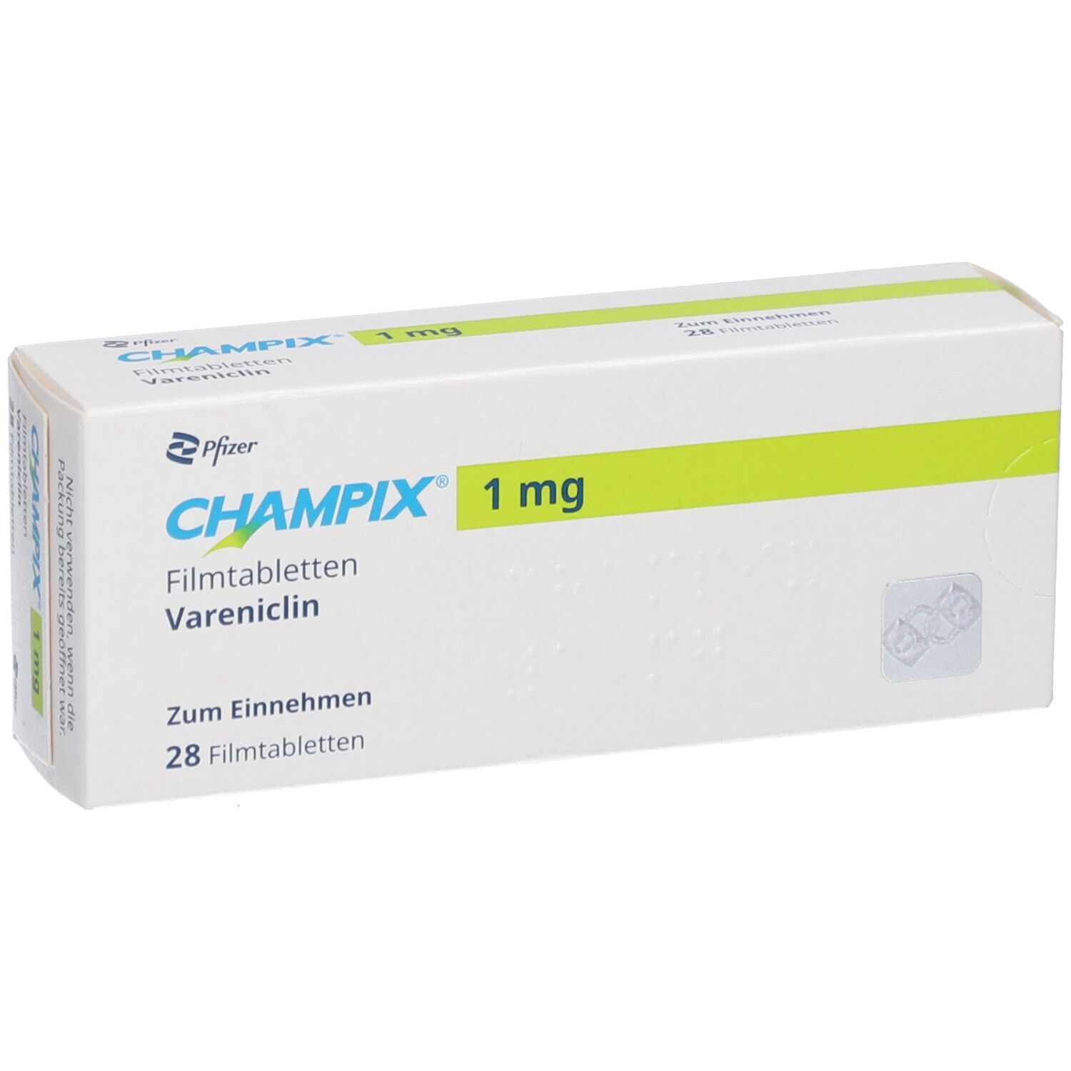 Vorderansicht der CHAMPIX-Packung. Aufschrift: CHAMPIX 1 mg Filmtabletten, Vareniclin, 28 Tabletten. Hersteller: Pfizer.