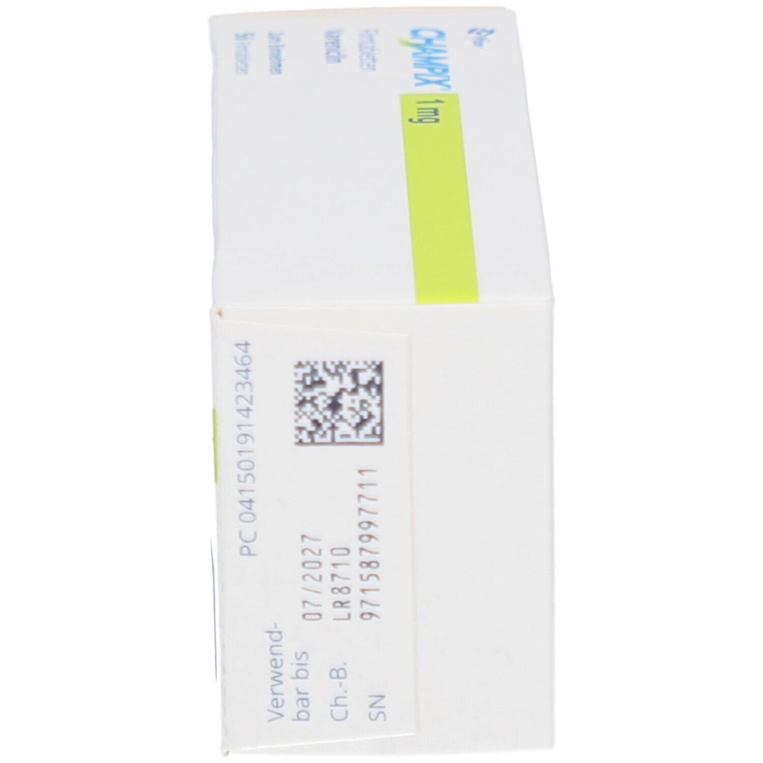 Schachtel mit CHAMPIX 1 mg Filmtabletten. Aufdruck: Verwendbar bis 07/2027. QR-Code und weitere Angaben.
