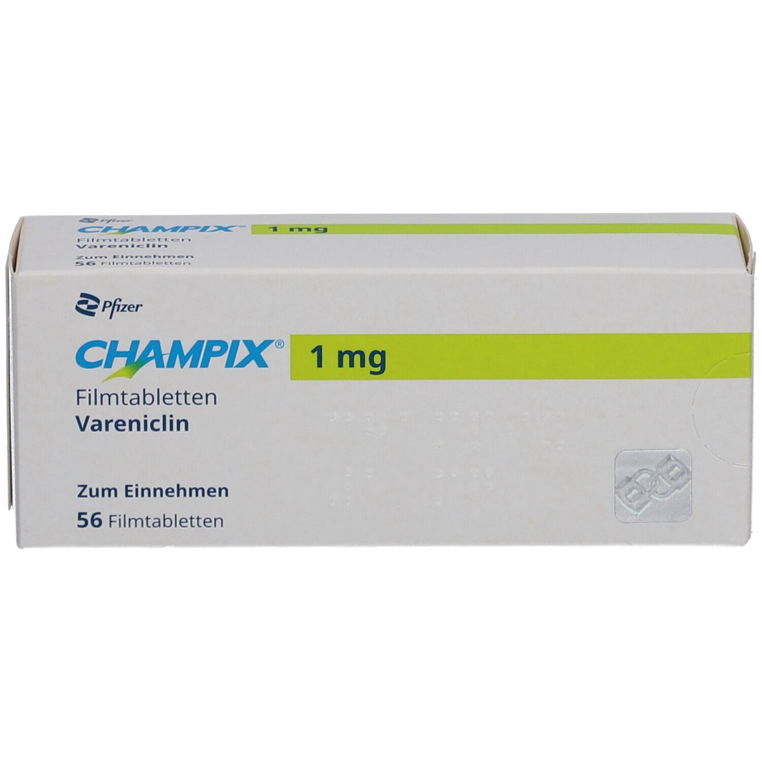 Weiße Schachtel mit CHAMPIX 1 mg Filmtabletten. Aufdruck: 56 Filmtabletten. Logo Pfizer.