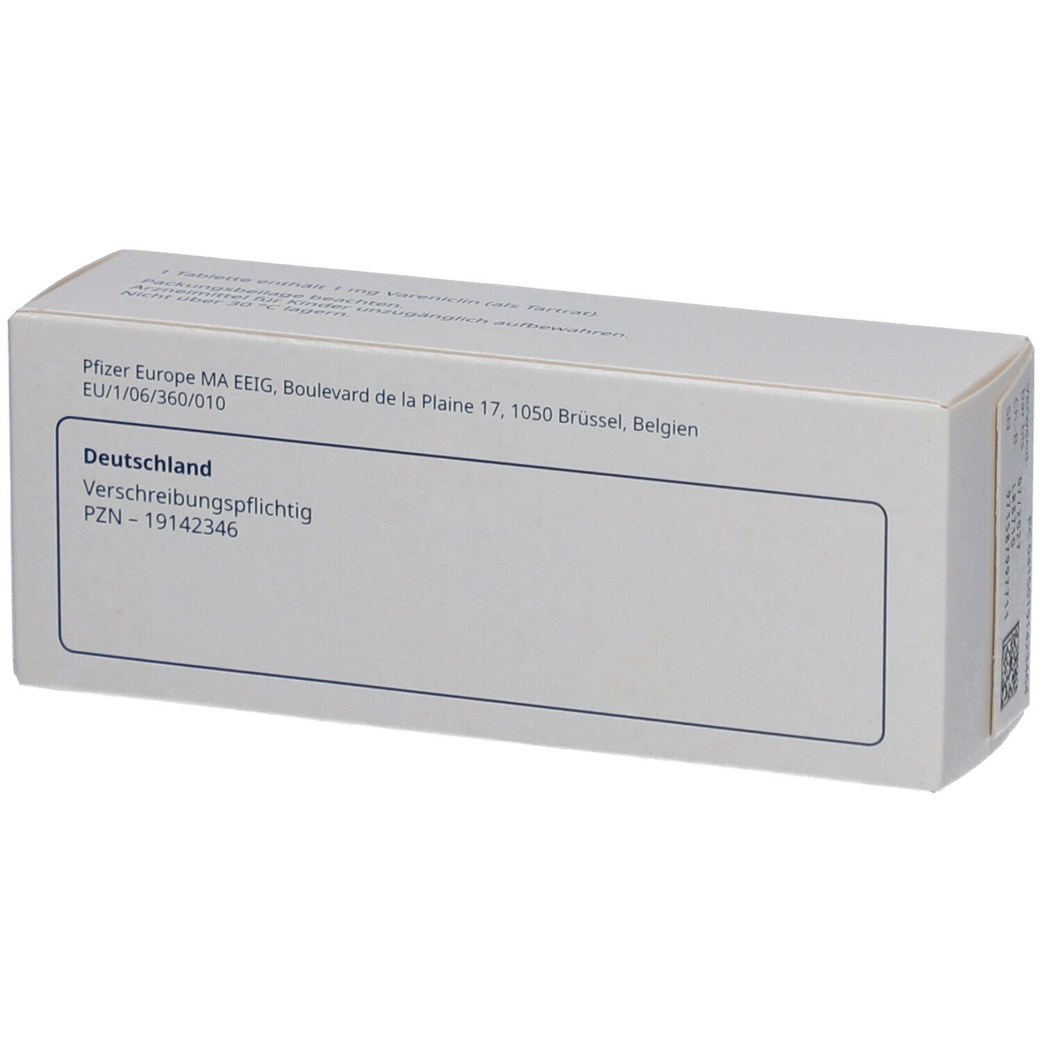 Rückseite der Schachtel mit Angaben zu Pfizer Europe MA EEIG. Anschrift und PZN-Nummer.