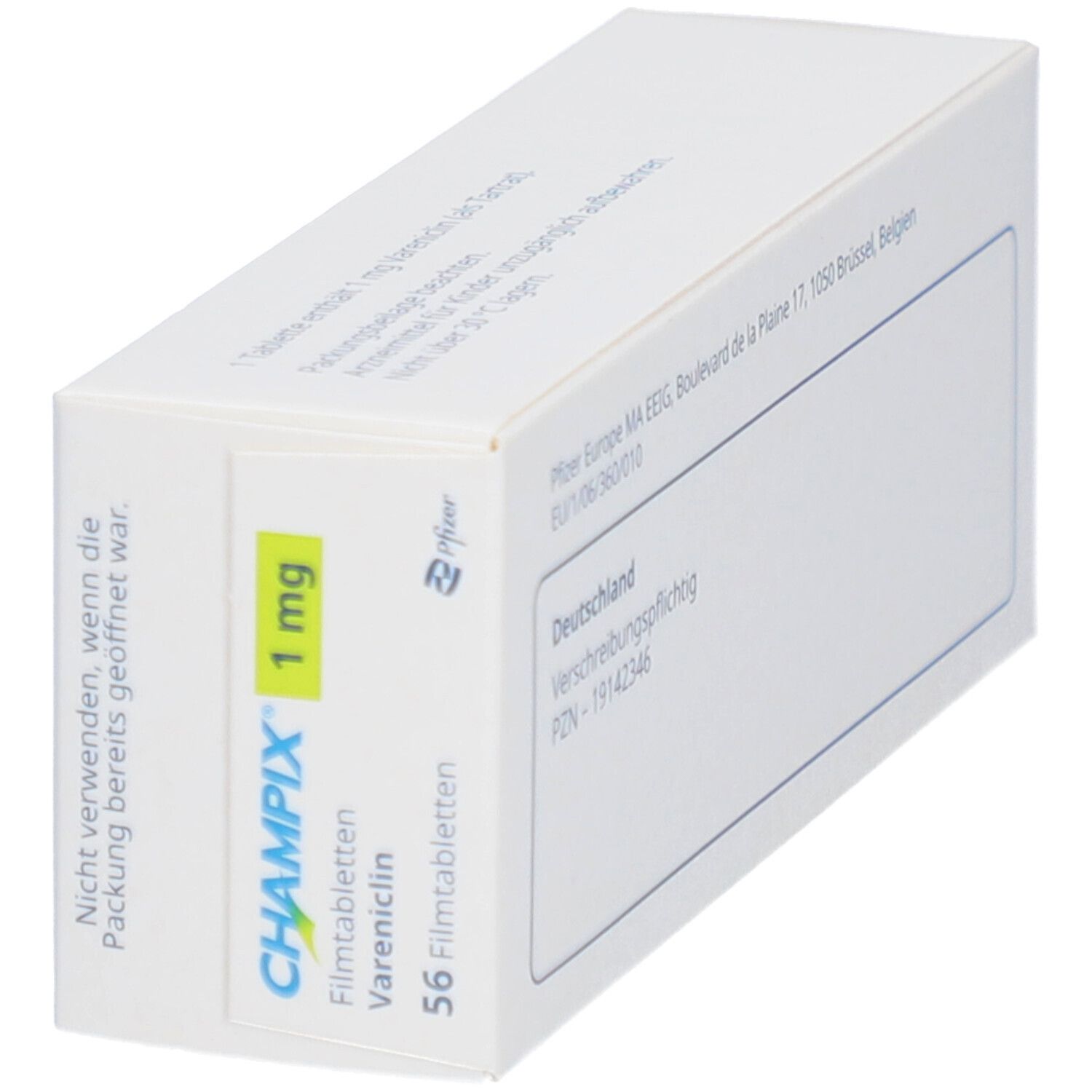 Schachtel mit CHAMPIX 1 mg Filmtabletten. Aufdruck: 56 Filmtabletten. Logo Pfizer. Text: Nicht verwenden, wenn geöffnet.