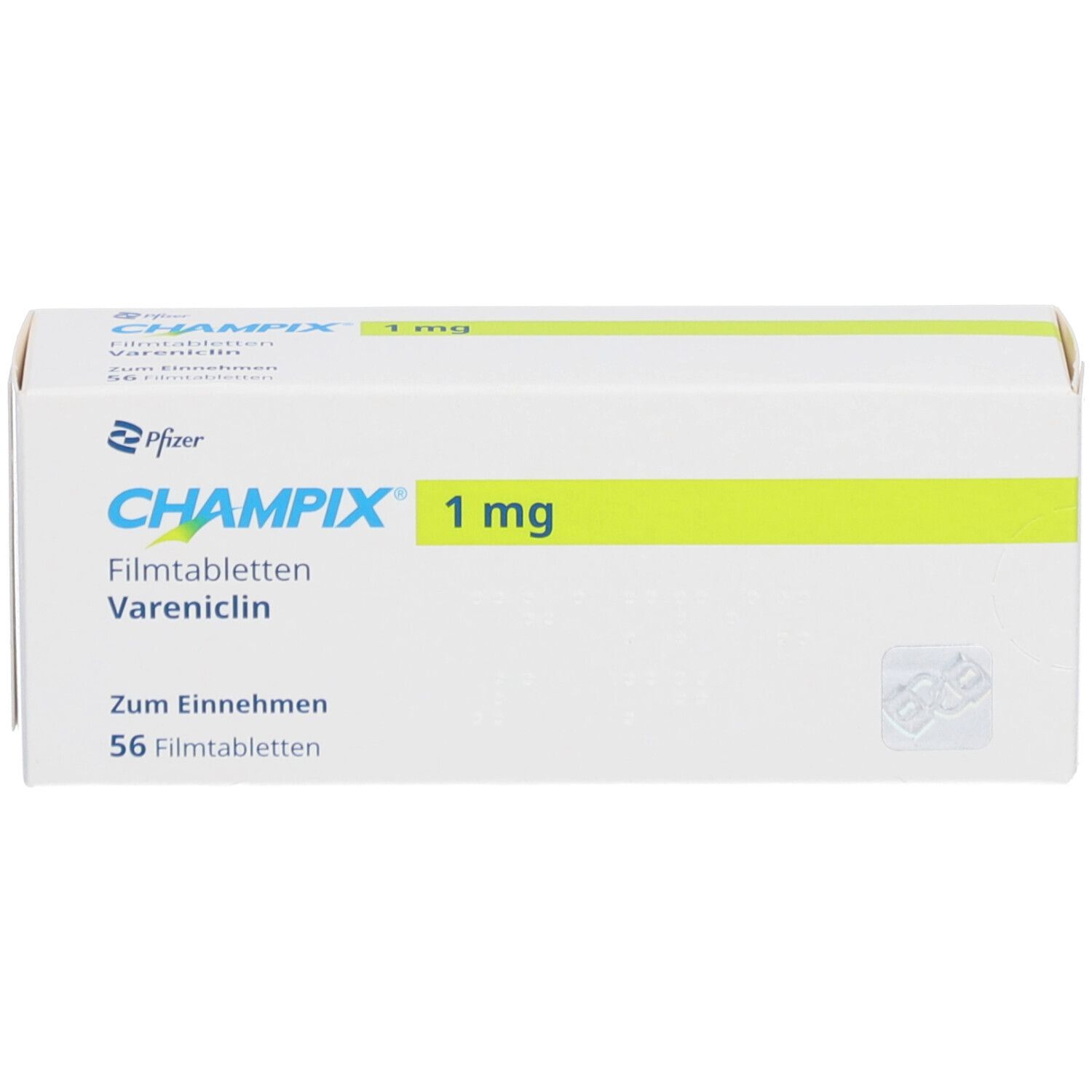 Weiße Schachtel mit CHAMPIX 1 mg Filmtabletten. Aufdruck: 56 Filmtabletten. Logo Pfizer.