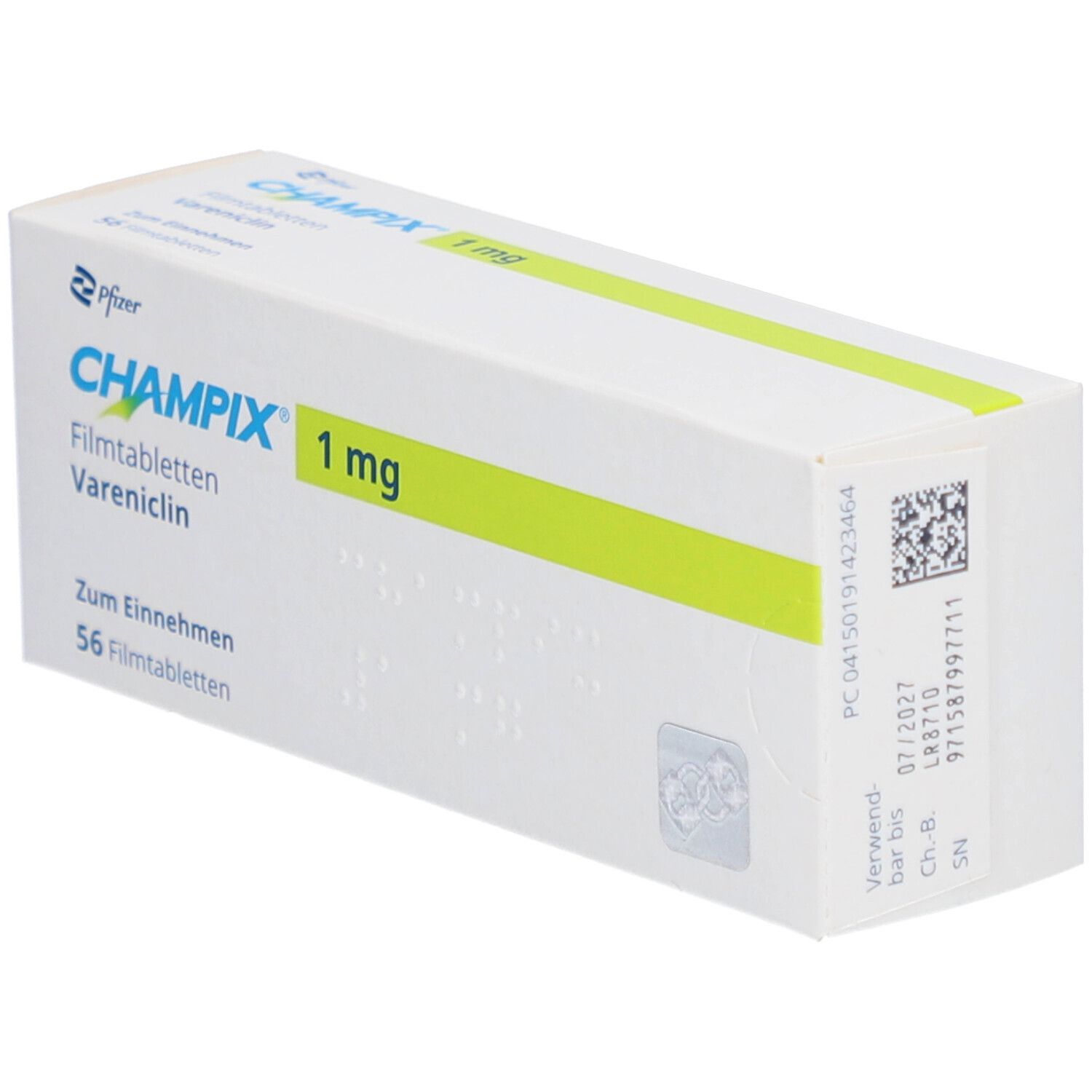 Schachtel mit CHAMPIX 1 mg Filmtabletten. Aufdruck: 56 Filmtabletten. Verwendbar bis 07/2027. QR-Code und weitere Angaben.