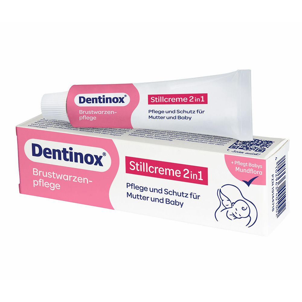 Tube und Schachtel mit Produkt. Aufschrift: Dentinox Brustwarzenpflege, Stillcreme 2in1. Rosa und weiß.