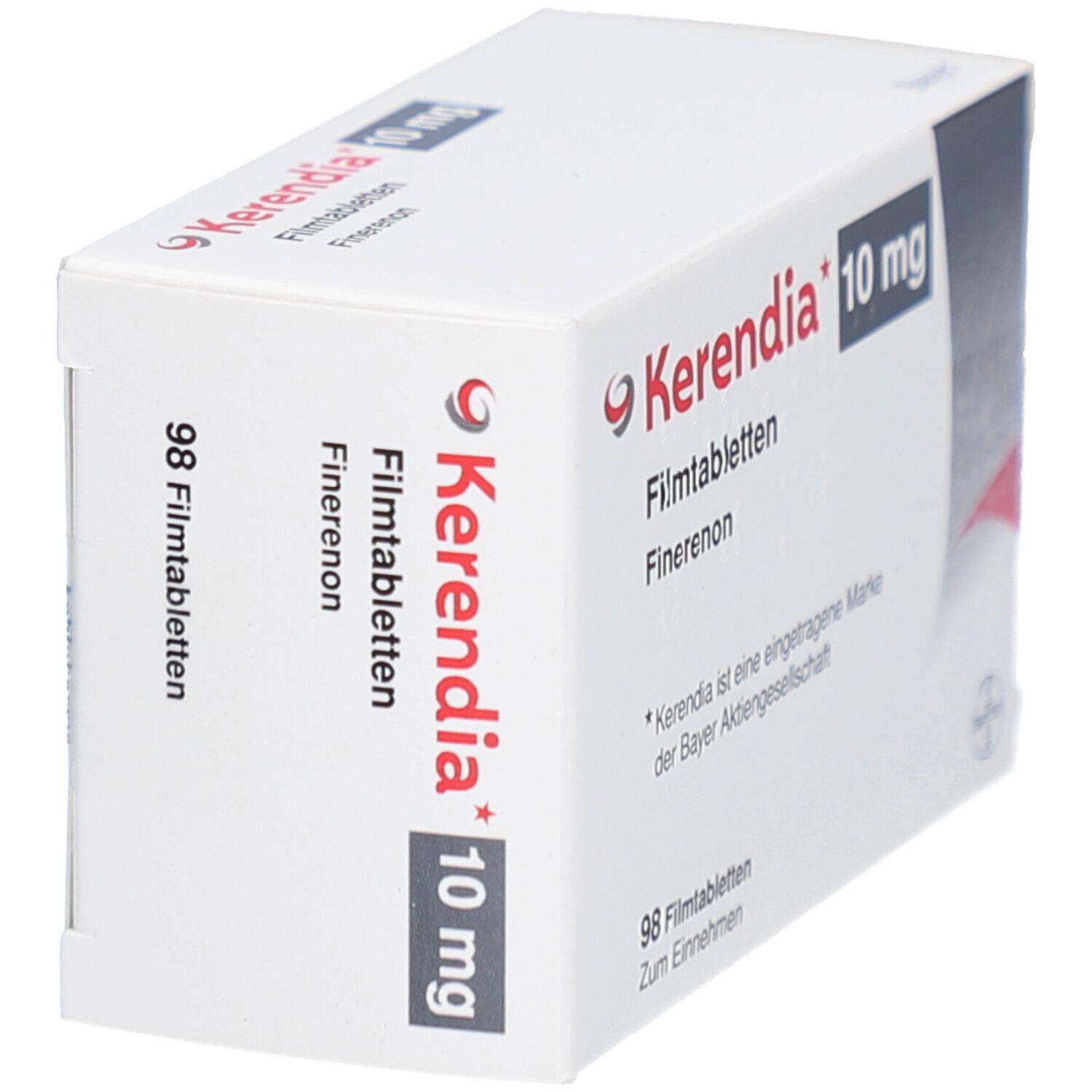 Schachtel Kerendia 10 mg Filmtabletten. Aufschrift: 98 Filmtabletten. Bayer-Logo.
