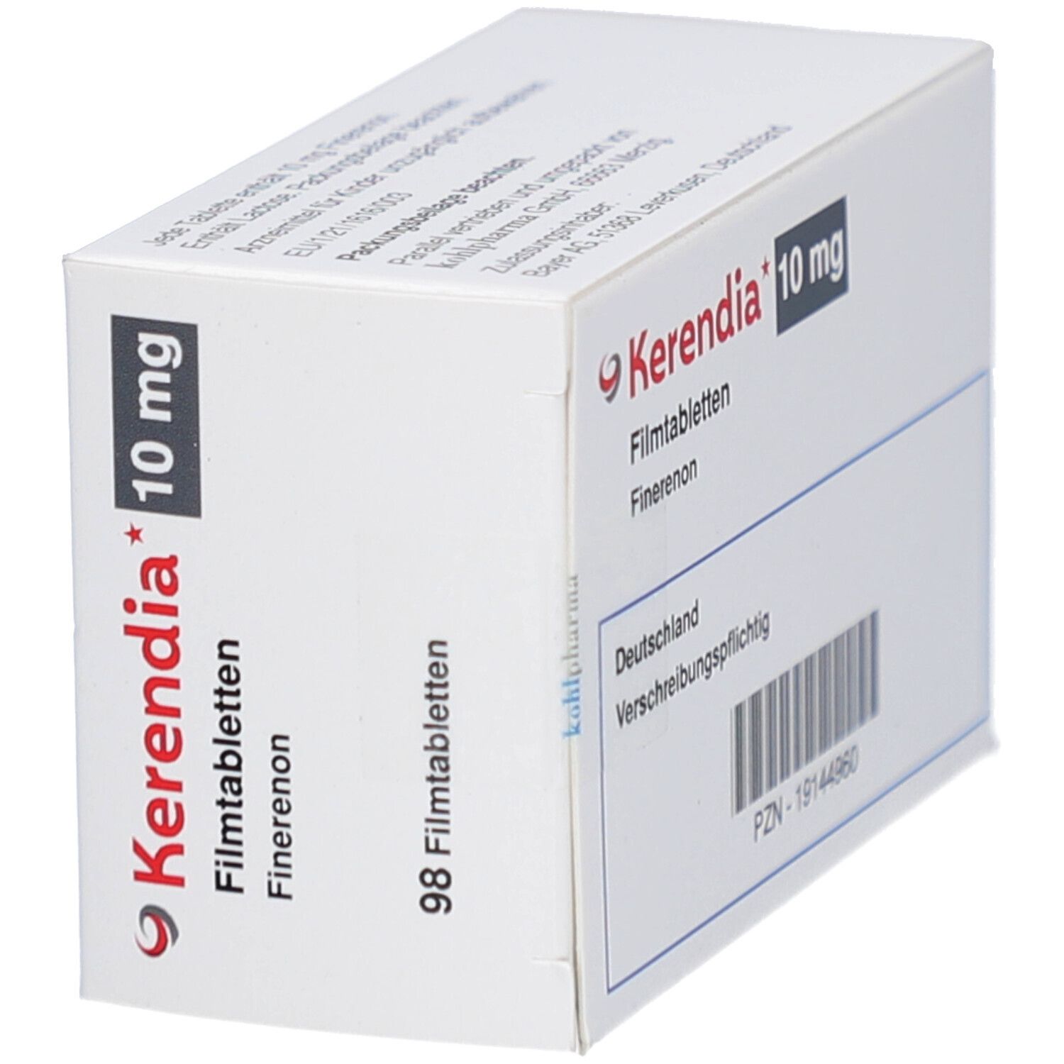 Schachtel Kerendia 10 mg Filmtabletten. Aufschrift: 98 Filmtabletten. Bayer-Logo.