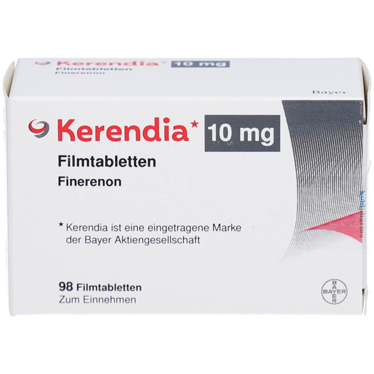Schachtel Kerendia 10 mg Filmtabletten. Aufschrift: 98 Filmtabletten. Bayer-Logo.