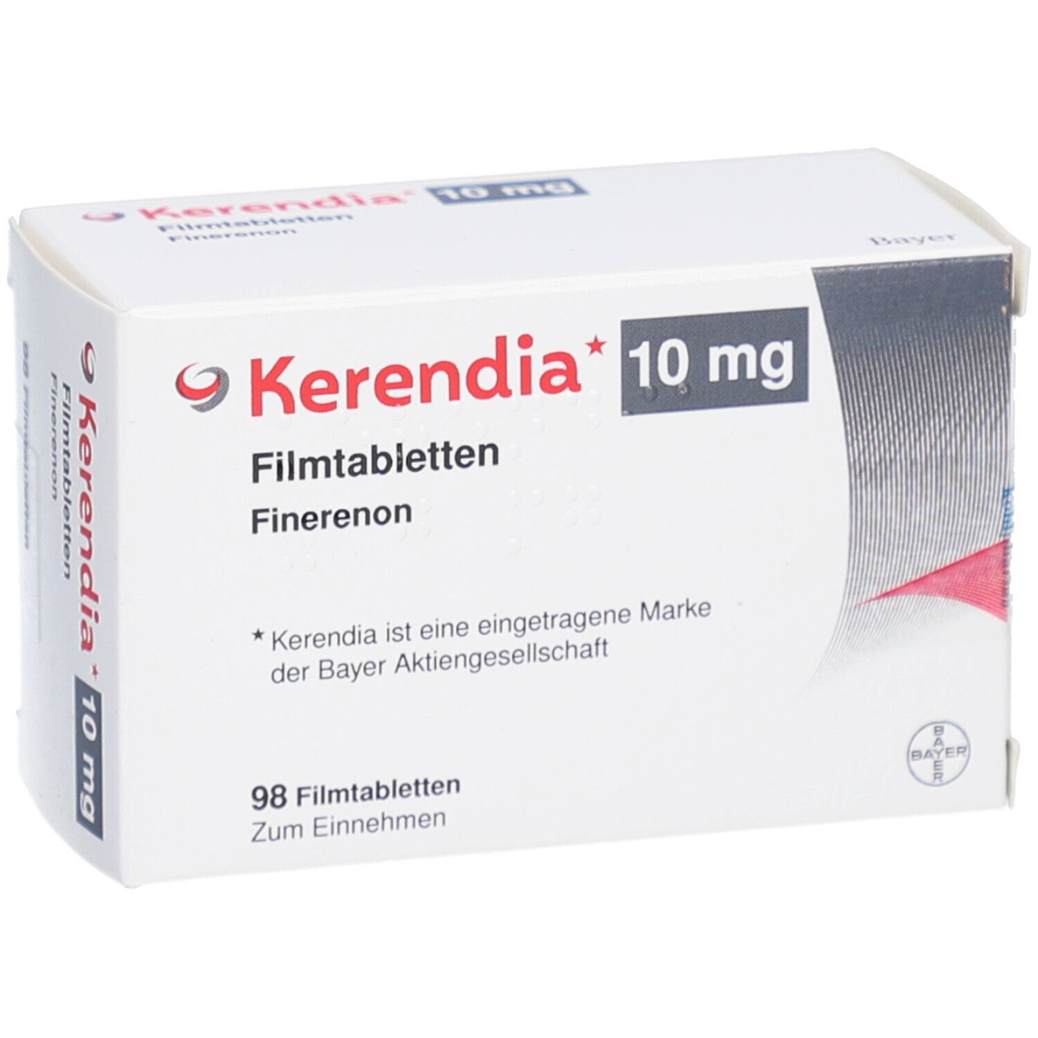 Schachtel Kerendia 10 mg Filmtabletten. Aufschrift: 98 Filmtabletten. Bayer-Logo.
