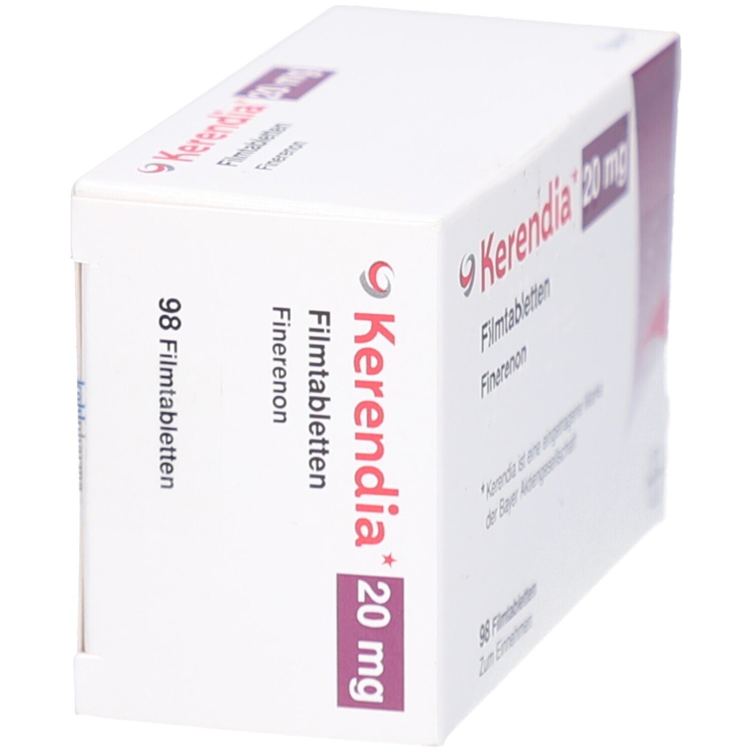 Schachtel KERENDIA 20 mg Filmtabletten. Seitenansicht. Aufschrift: 98 Filmtabletten.