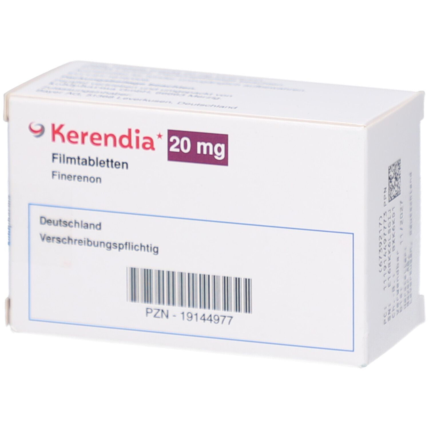 Schachtel KERENDIA 20 mg Filmtabletten. Rückseite mit Informationen und Barcode.
