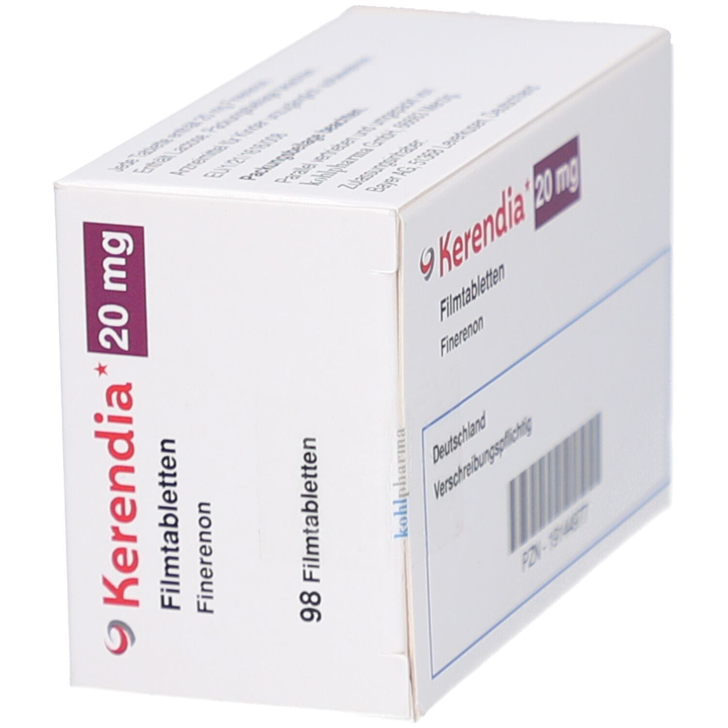 Schachtel KERENDIA 20 mg Filmtabletten. Seitenansicht mit Aufschrift und Logo.