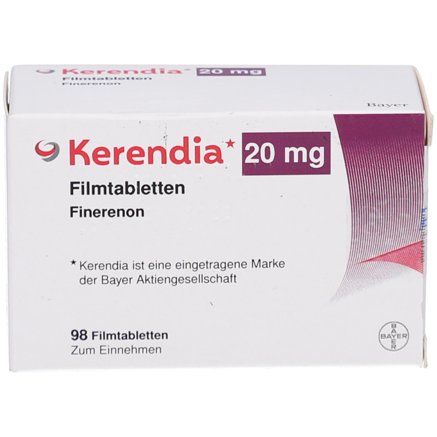 Schachtel KERENDIA 20 mg Filmtabletten. Aufschrift: 98 Filmtabletten. Bayer-Logo.