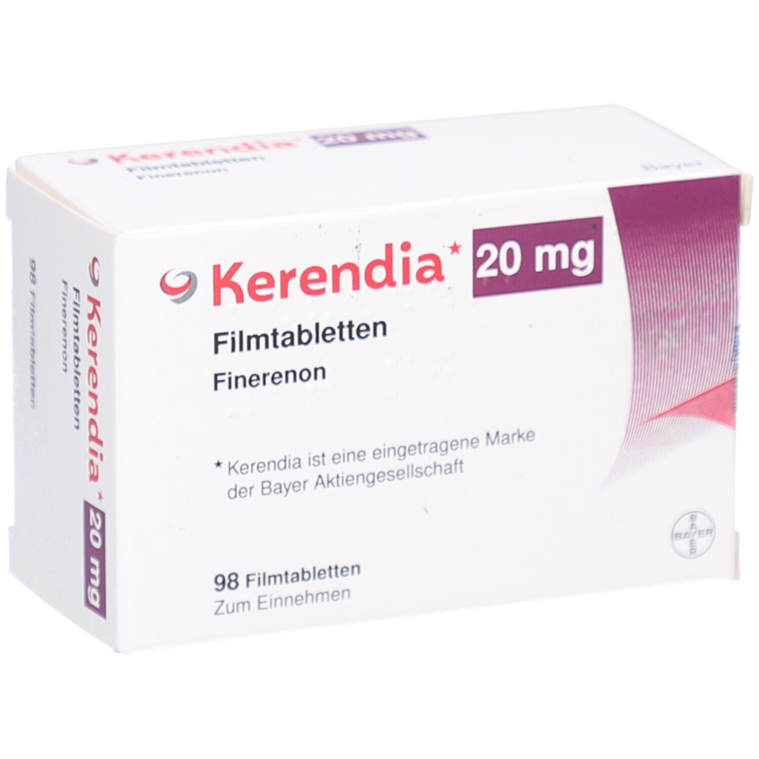 Schachtel KERENDIA 20 mg Filmtabletten. Seitenansicht mit Aufschrift und Logo.