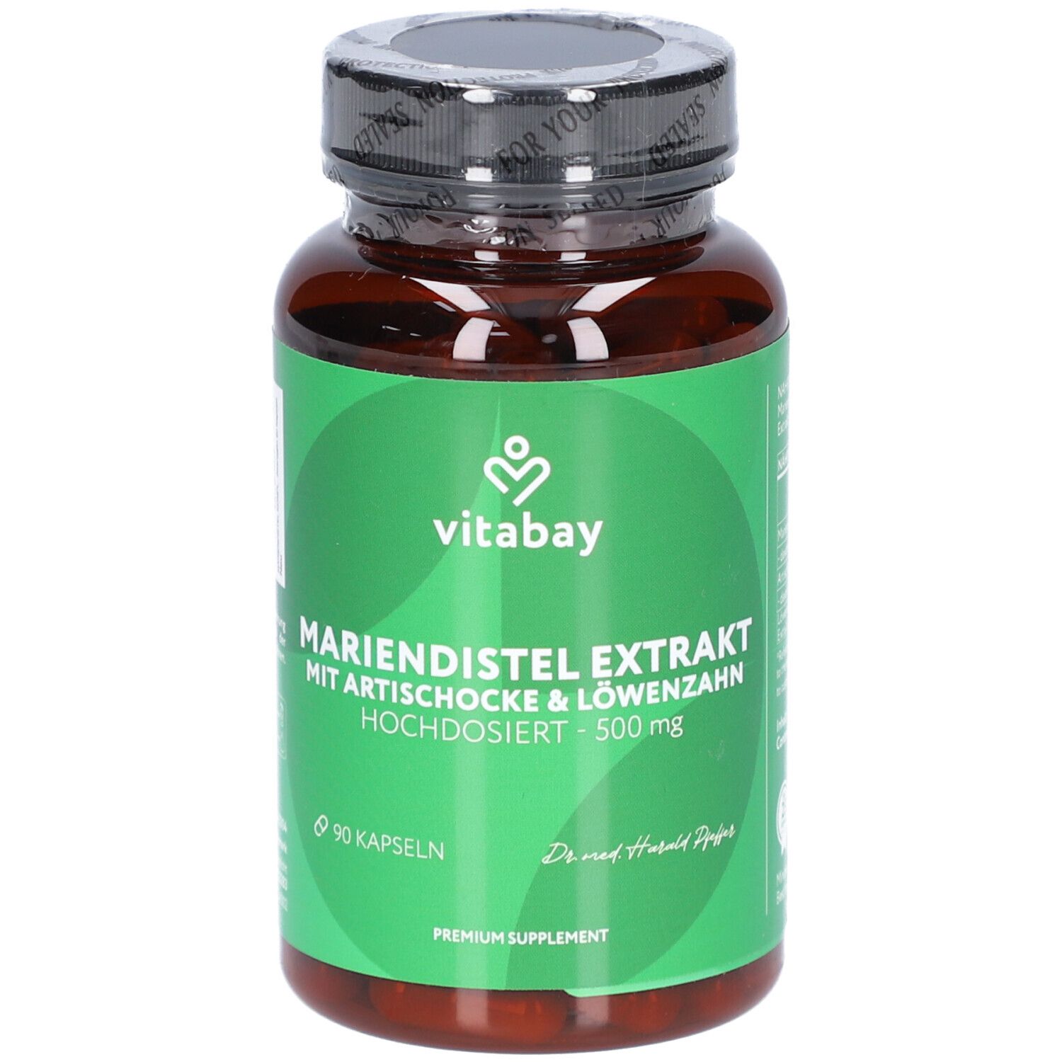 Braune Kapsel-Dose mit grünem Etikett. Aufschrift: Mariendistel Extrakt, Artischocke & Löwenzahn. Marke: Vitabay. 90 Kapseln.