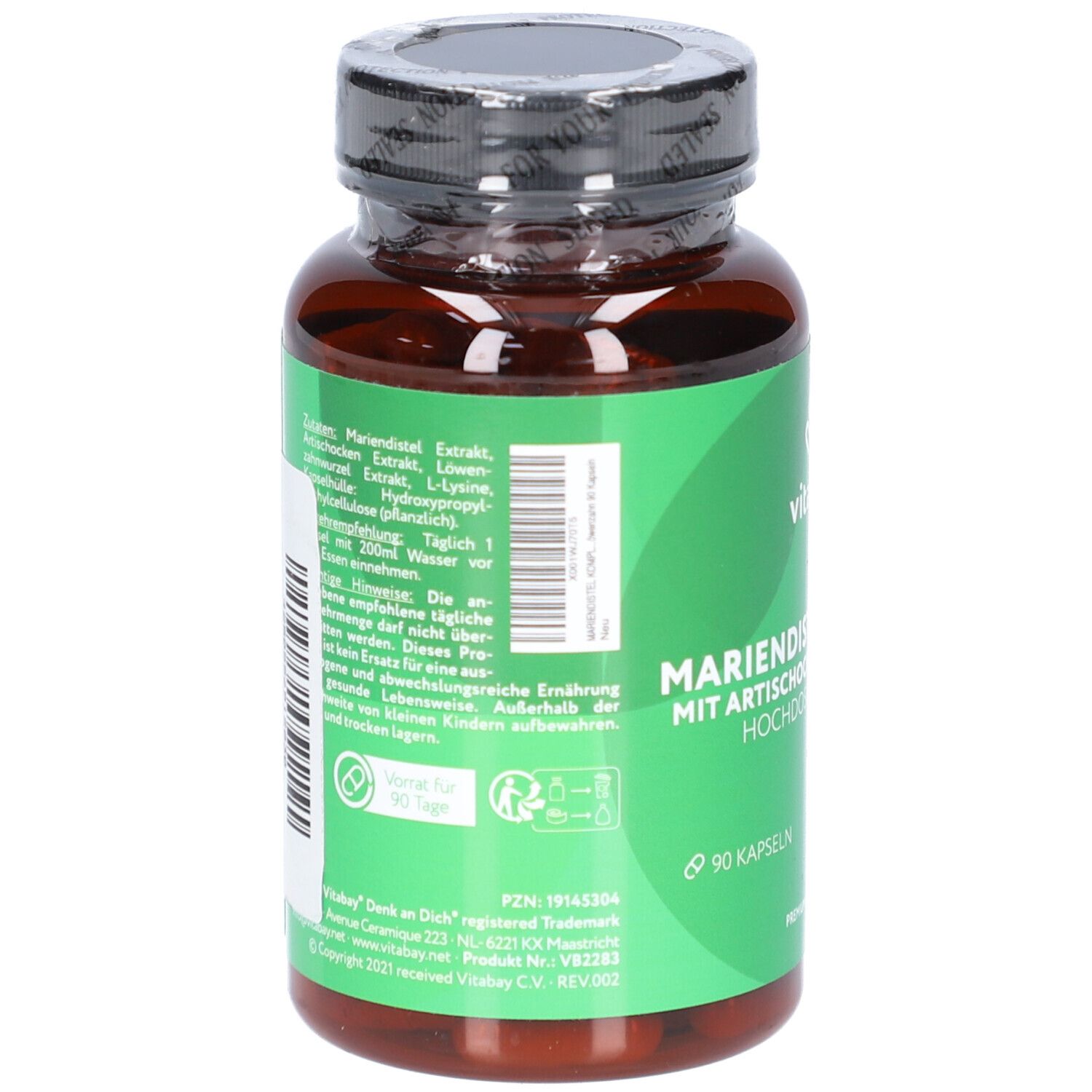 Rückseite der Kapsel-Dose mit grüner Etikett. Enthält Inhaltsstoffe und Anwendungshinweise. 90 Kapseln. Marke: Vitabay.