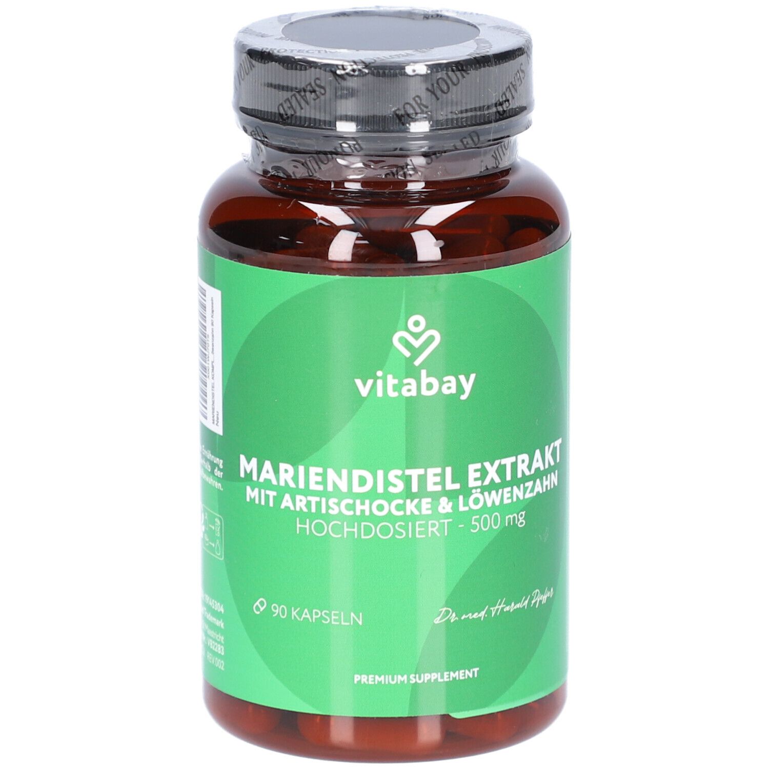 Braune Kapsel-Dose mit grünem Etikett. Aufschrift: Mariendistel Extrakt, Artischocke & Löwenzahn. Marke: Vitabay. 90 Kapseln.