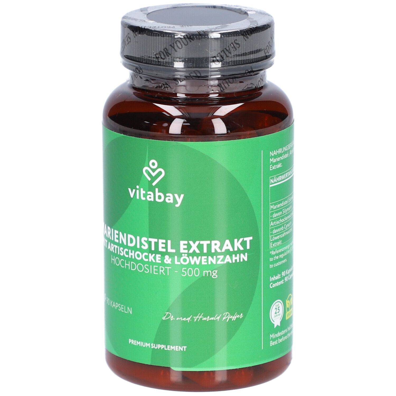 Braune Kapsel-Dose mit grünem Etikett. Aufschrift: Mariendistel Extrakt, Artischocke & Löwenzahn. Marke: Vitabay. 90 Kapseln.