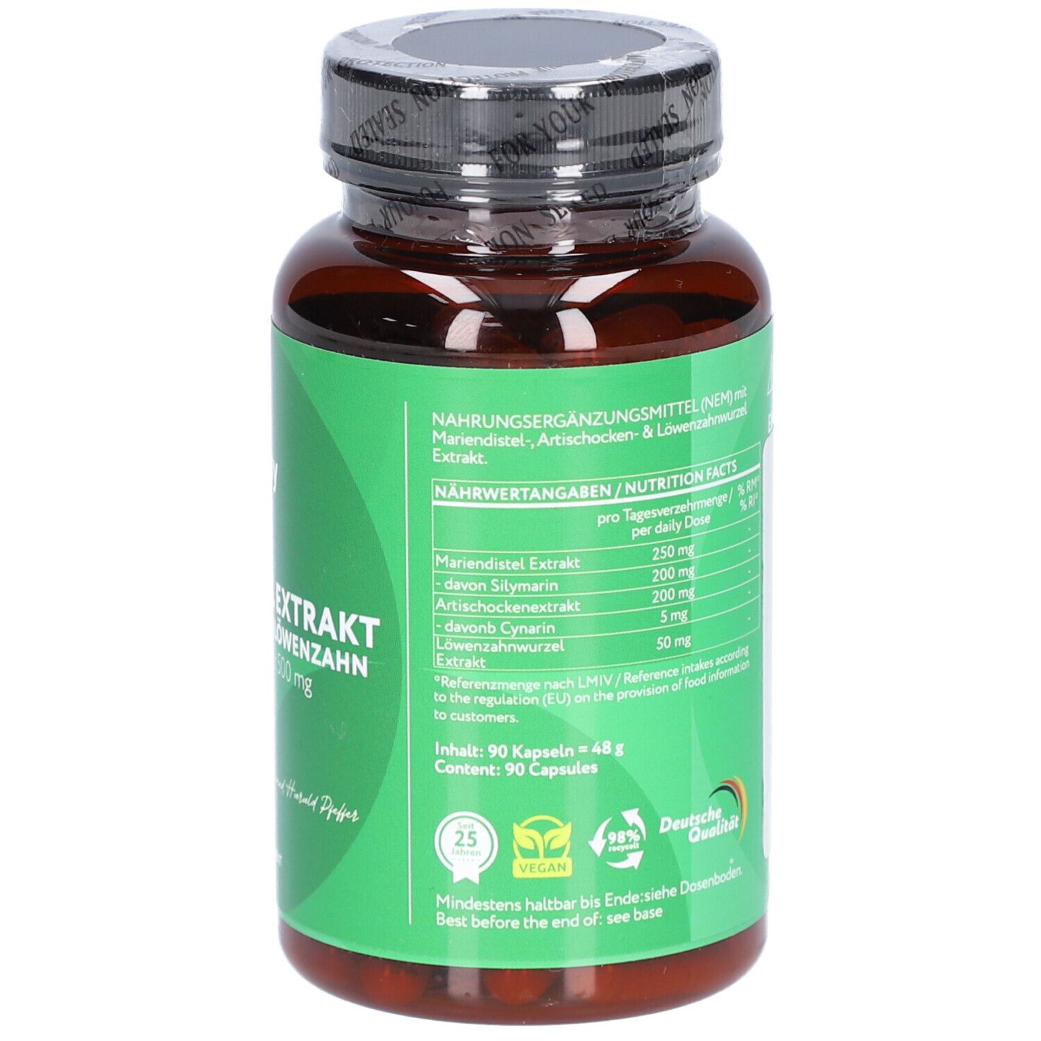 Rückseite der Kapsel-Dose mit grünem Etikett. Enthält Nährwertangaben und Inhaltsstoffe. 90 Kapseln. Marke: Vitabay.