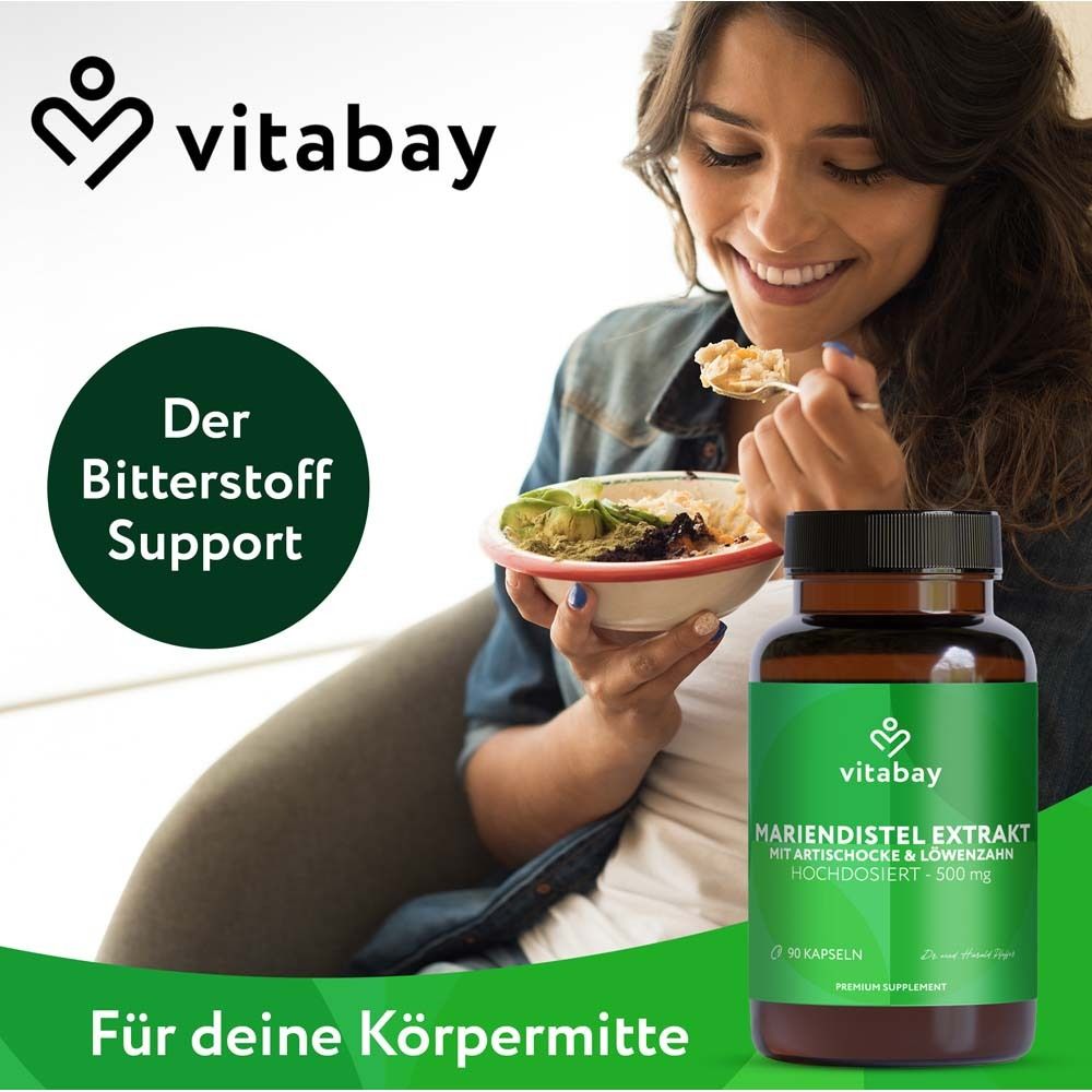 Frau isst. Flasche mit Kapseln. Aufschrift: Mariendistel Extrakt, Artischocke & Löwenzahn. Text: Für deine Körpermitte.