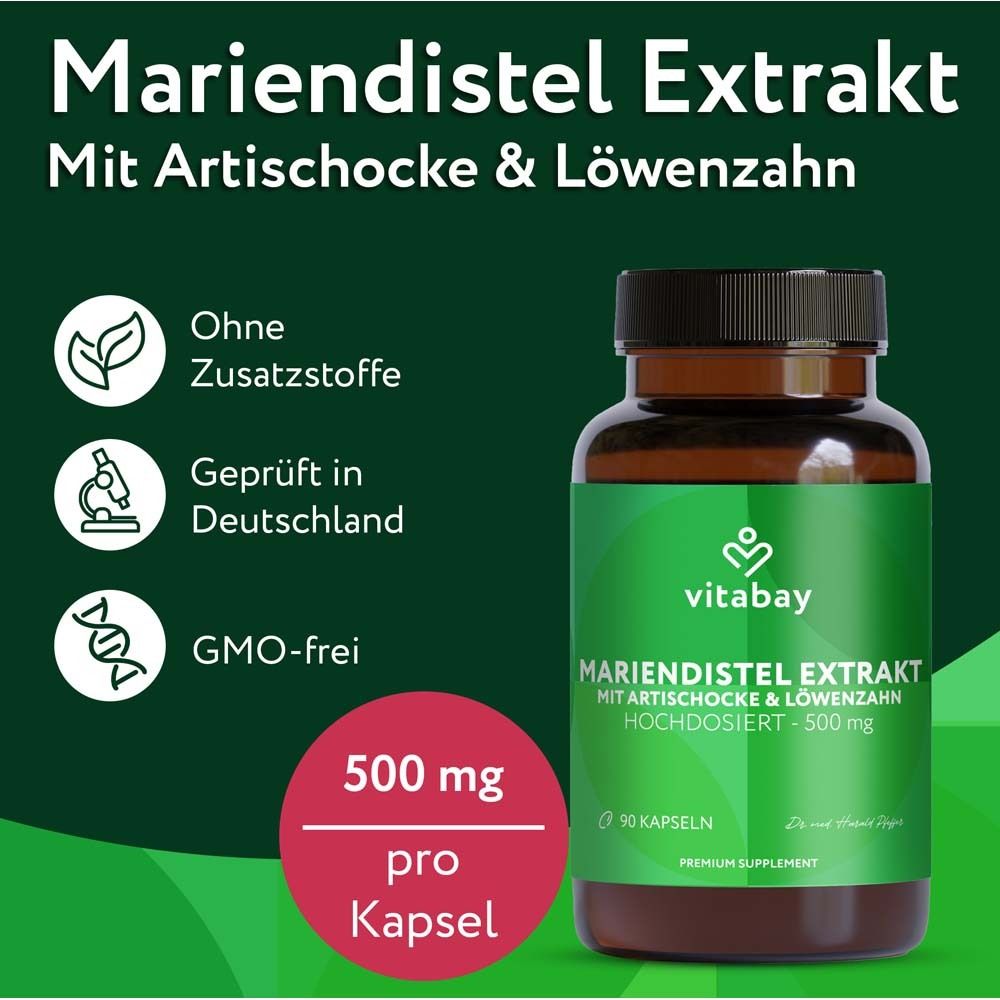 Flasche mit Kapseln. Aufschrift: Mariendistel Extrakt, Artischocke & Löwenzahn. Text: Ohne Zusatzstoffe, GMO-frei.