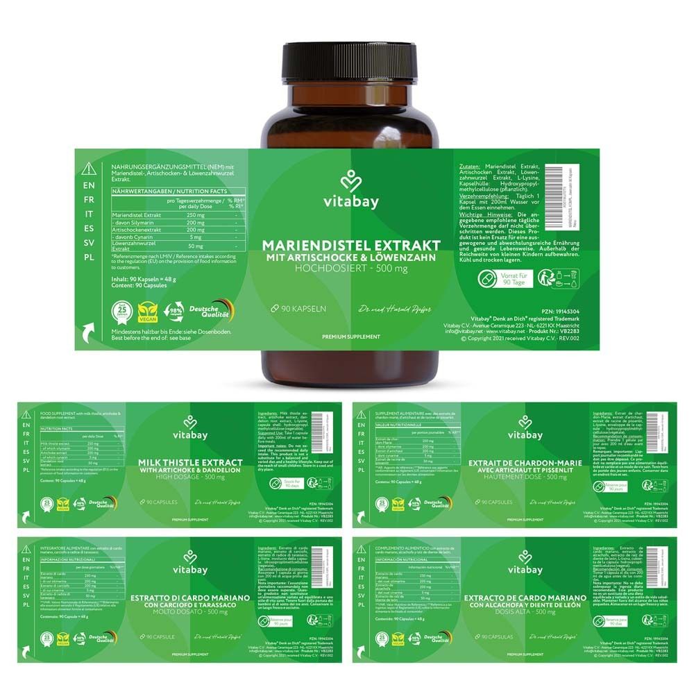 Flasche mit Etiketten. Aufschrift: Mariendistel Extrakt, Artischocke & Löwenzahn. Mehrsprachige Informationen.