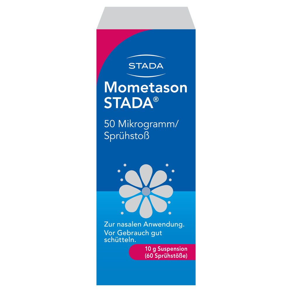 Blau-weiß-rote Schachtel mit STADA und Mometason STADA®. Text: 50 Mikrogramm/Sprühstoß, 10 g Suspension.