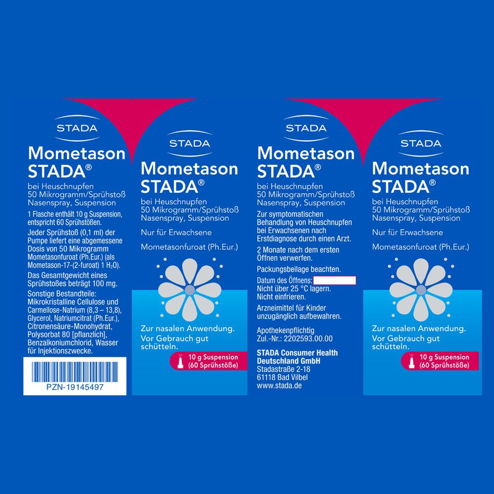 Mehrere Schachteln mit STADA und Mometason STADA®. Text: 50 Mikrogramm/Sprühstoß, Nasenspray, Suspension.
