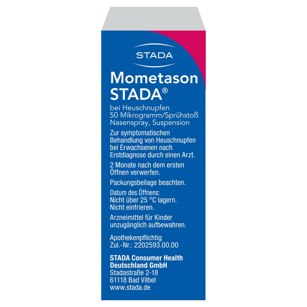Blau-weiße Schachtel mit Produktinformationen. STADA und Mometason STADA® Schriftzug. Text für Heuschnupfen.