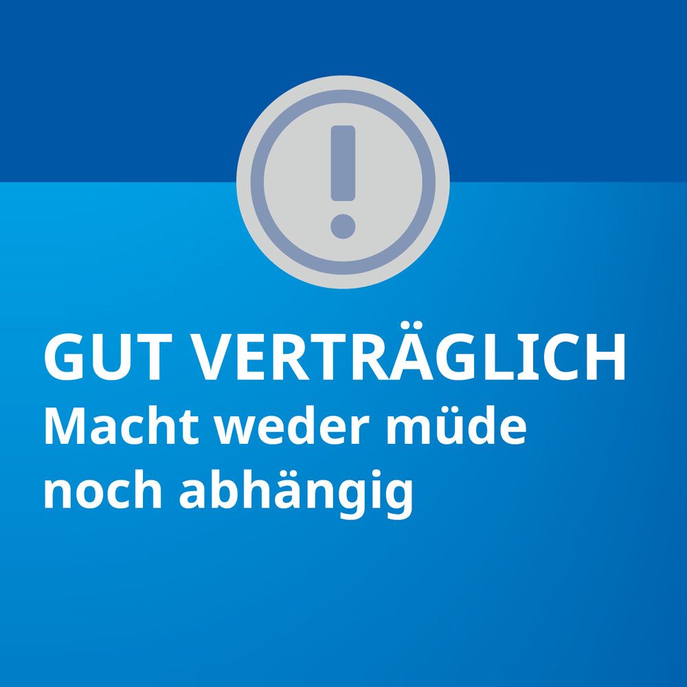 Blauer Hintergrund mit weißem Kreis und Ausrufezeichen. Text: Gut verträglich. Macht weder müde noch abhängig.