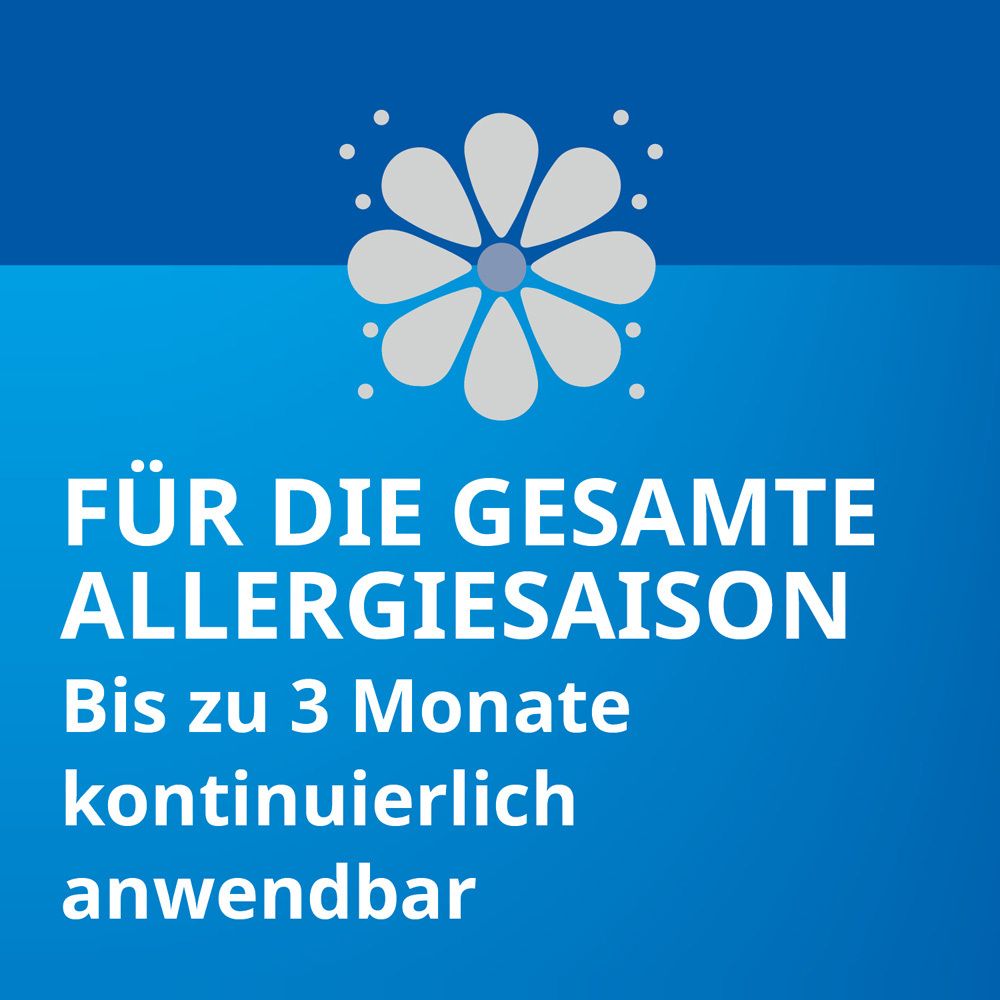 Blauer Hintergrund mit Blume. Text: Für die gesamte Allergiesaison. Bis zu 3 Monate kontinuierlich anwendbar.