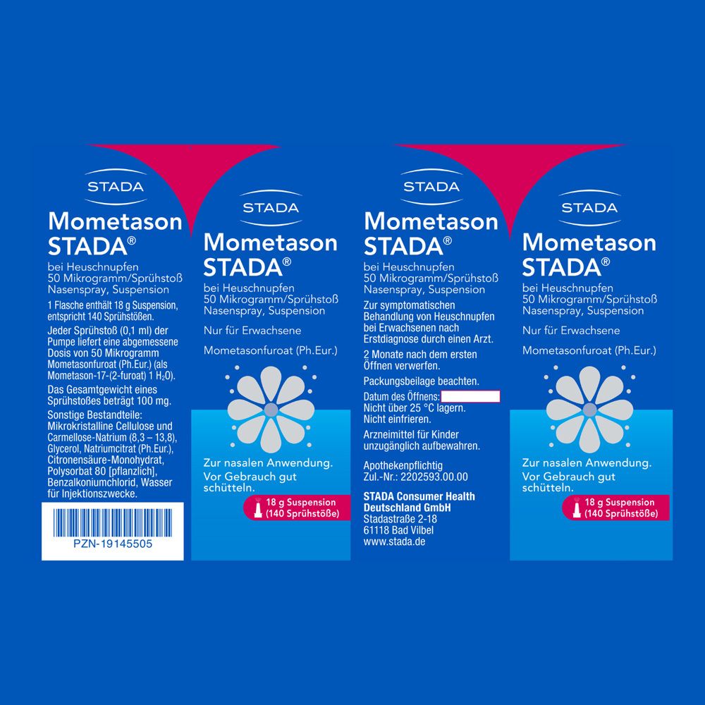 Vier Schachteln mit Produktinformationen. STADA und Mometason STADA® Schriftzug. 50 Mikrogramm/Sprühstoß.