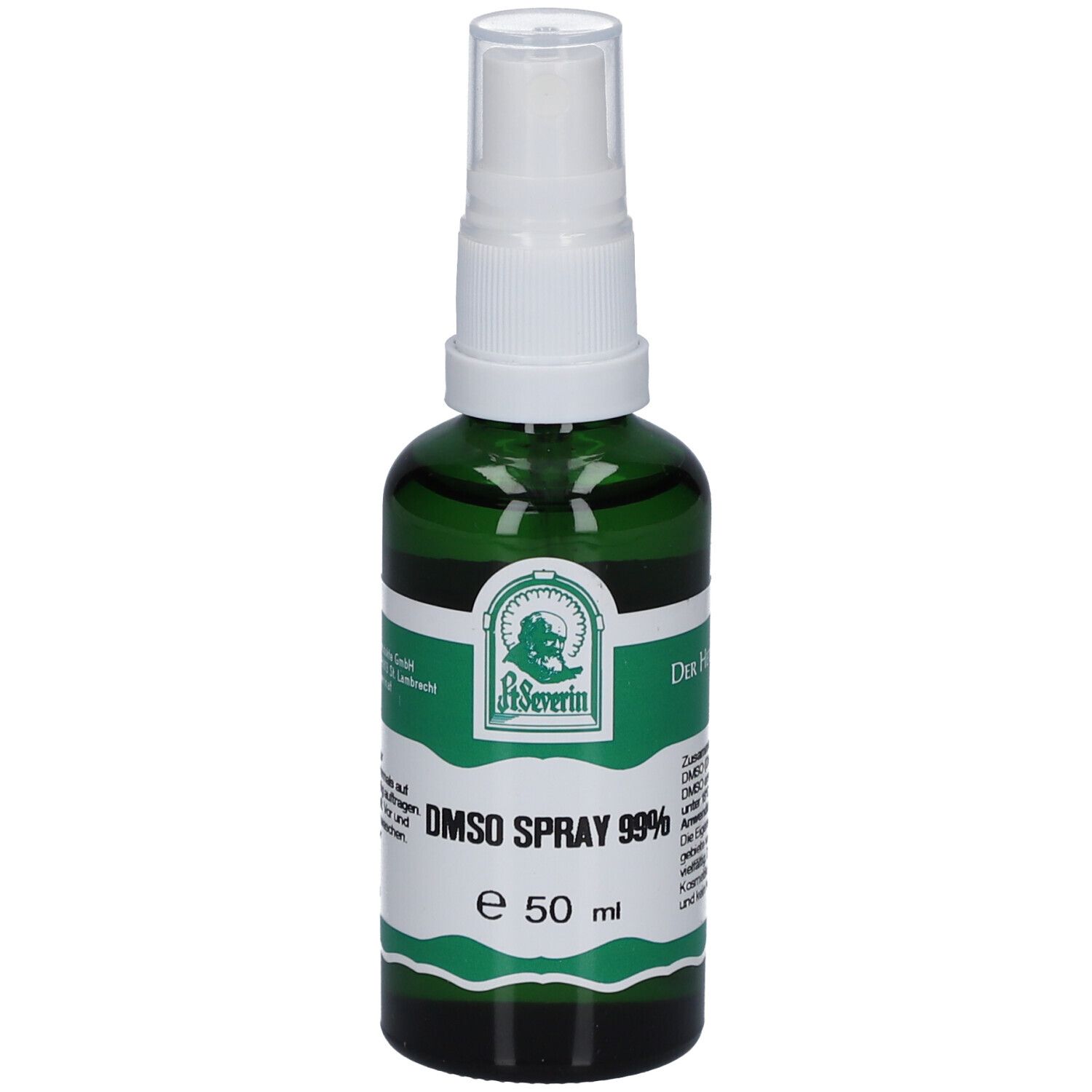 Grüne Glasflasche mit weißem Sprühkopf. Beschriftung: DMSO Spray 99%, e 50 ml. Logo: Pater Severin.