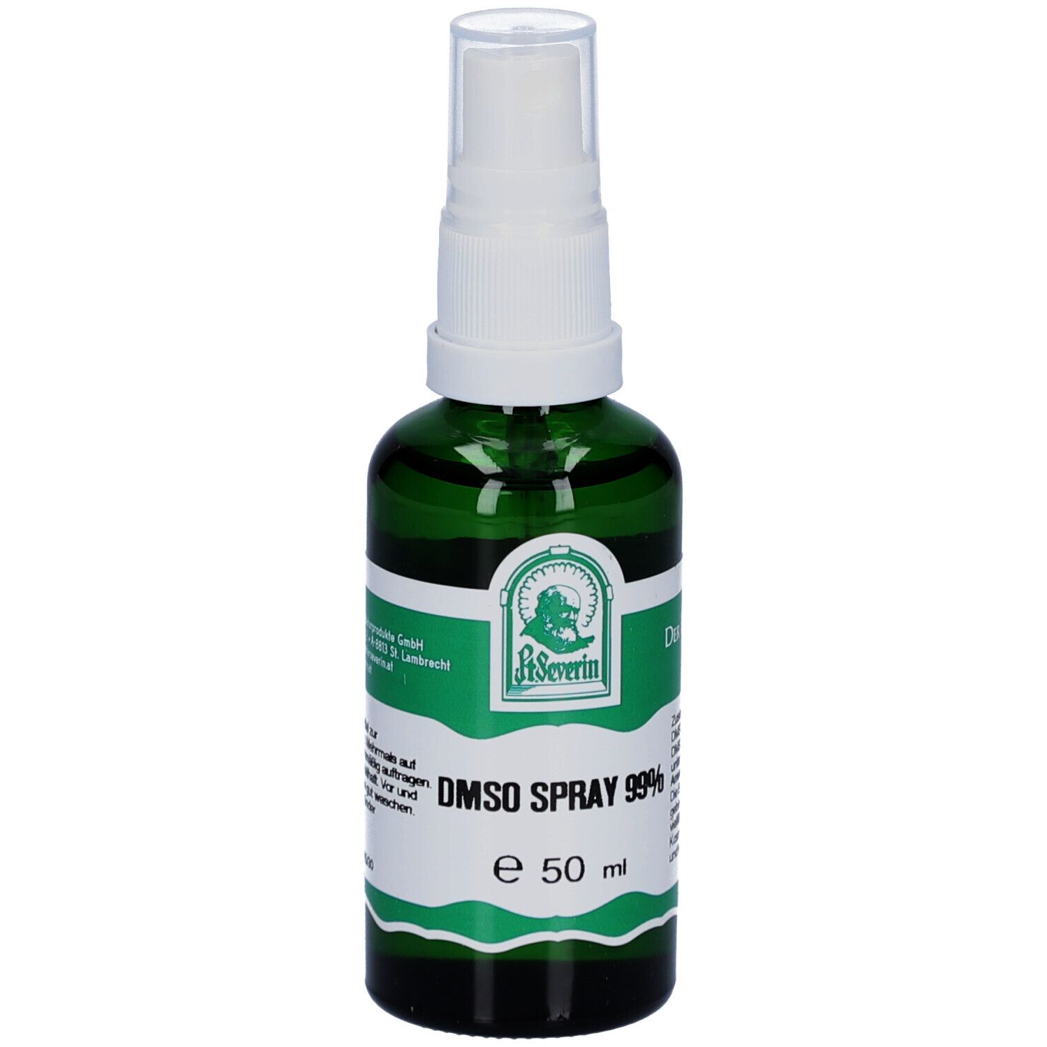 Grüne Glasflasche mit weißem Sprühkopf. Beschriftung: DMSO Spray 99%, e 50 ml. Logo: Pater Severin.
