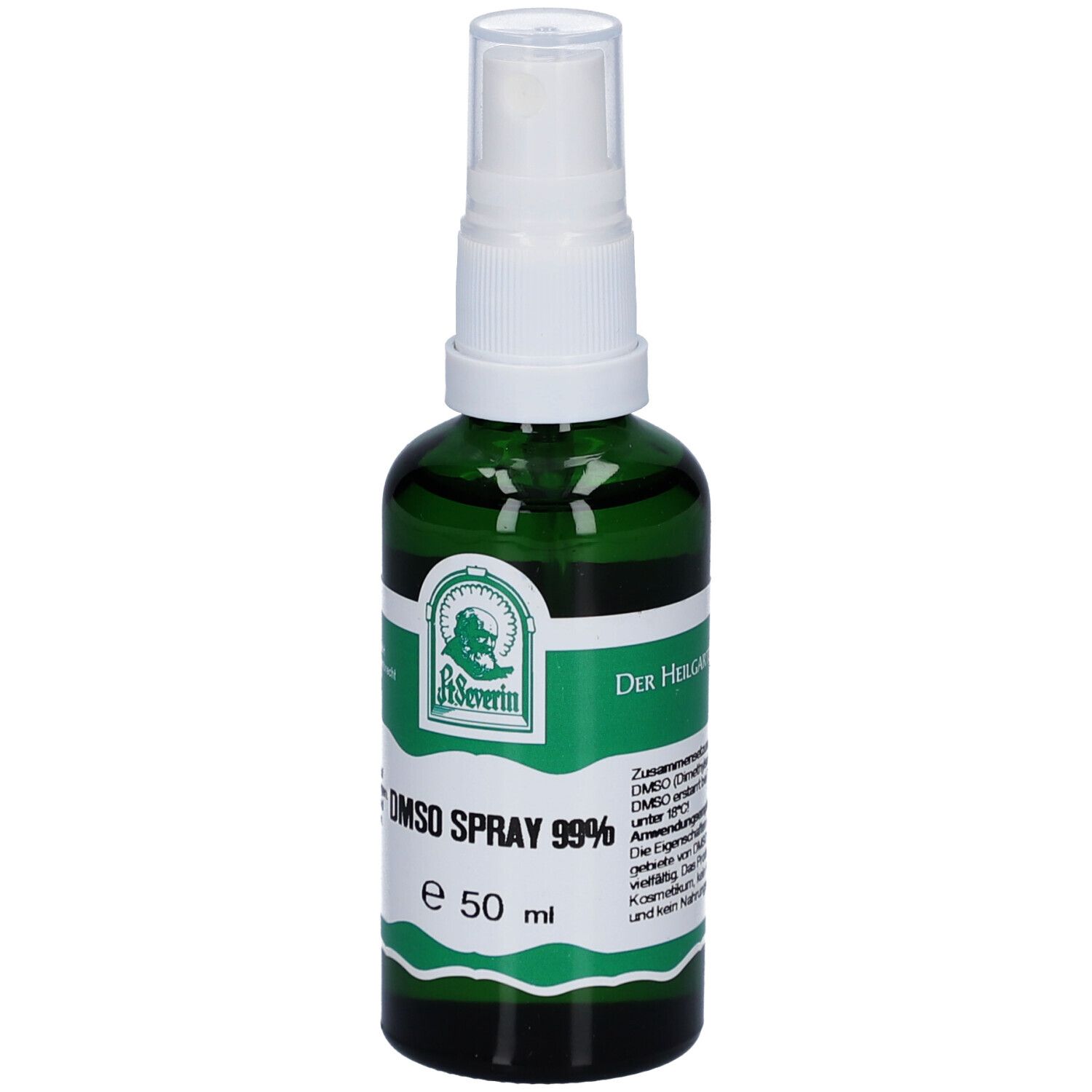 Grüne Glasflasche mit weißem Sprühkopf. Beschriftung: DMSO Spray 99%, e 50 ml. Logo: Pater Severin.