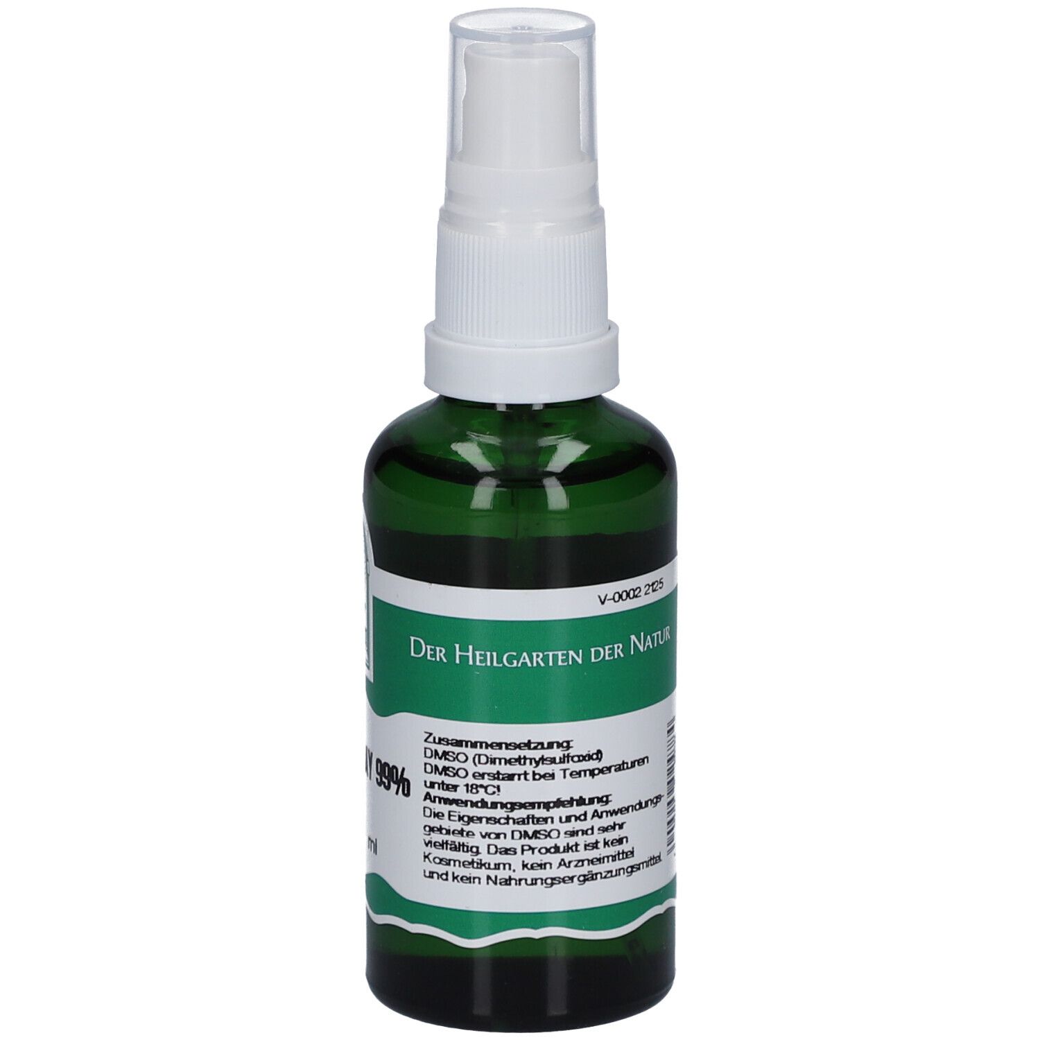Grüne Glasflasche mit weißem Sprühkopf. Beschriftung: DMSO Spray 99%, e 50 ml. Logo: Pater Severin.