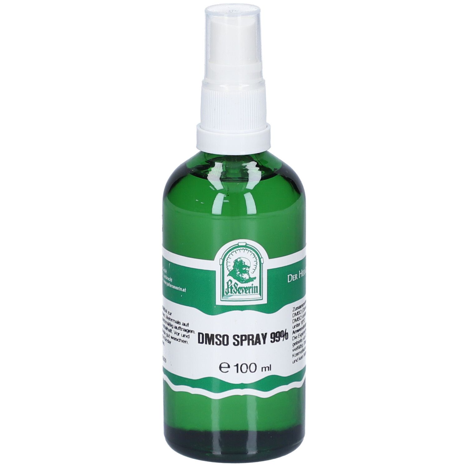 Grüne Glasflasche mit weißem Sprühkopf. Beschriftung: P. Severin, DMSO Spray 99%, e 100 ml.