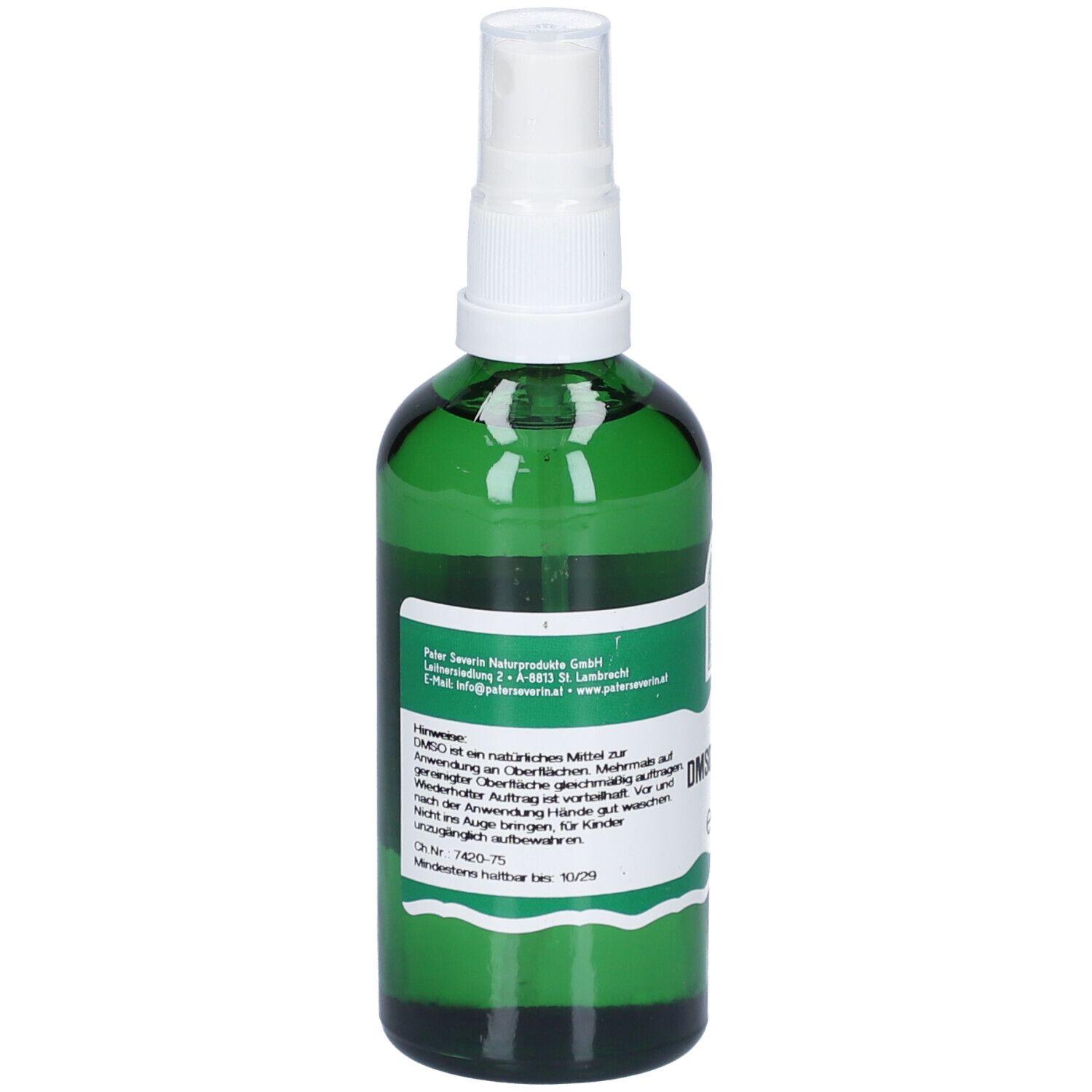Grüne Glasflasche mit weißem Sprühkopf. Etikett mit Text. Herstellerinformationen und DMSO-Hinweis.