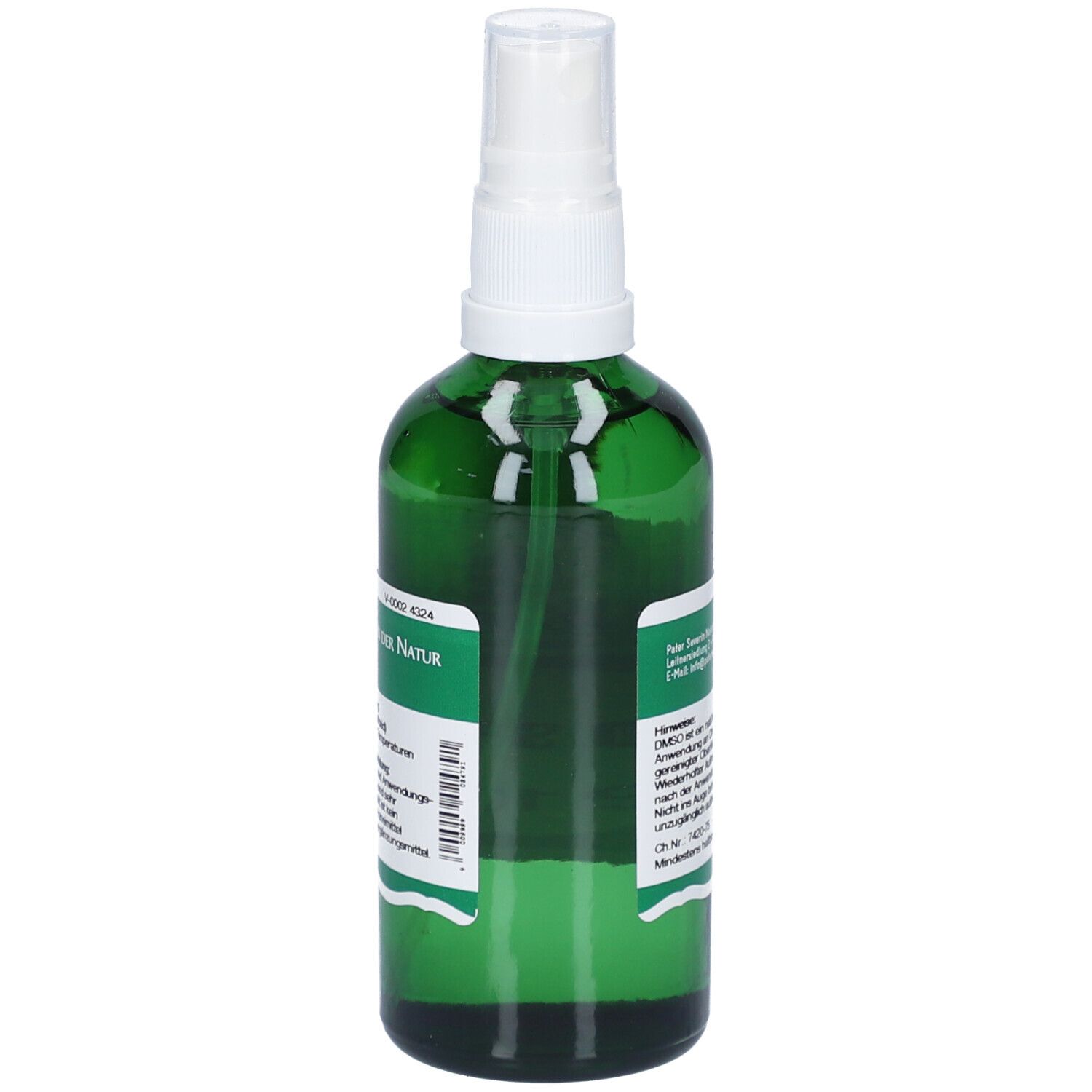 Grüne Glasflasche mit weißem Sprühkopf. Rückansicht. Etikett mit Text. Herstellerinformationen.
