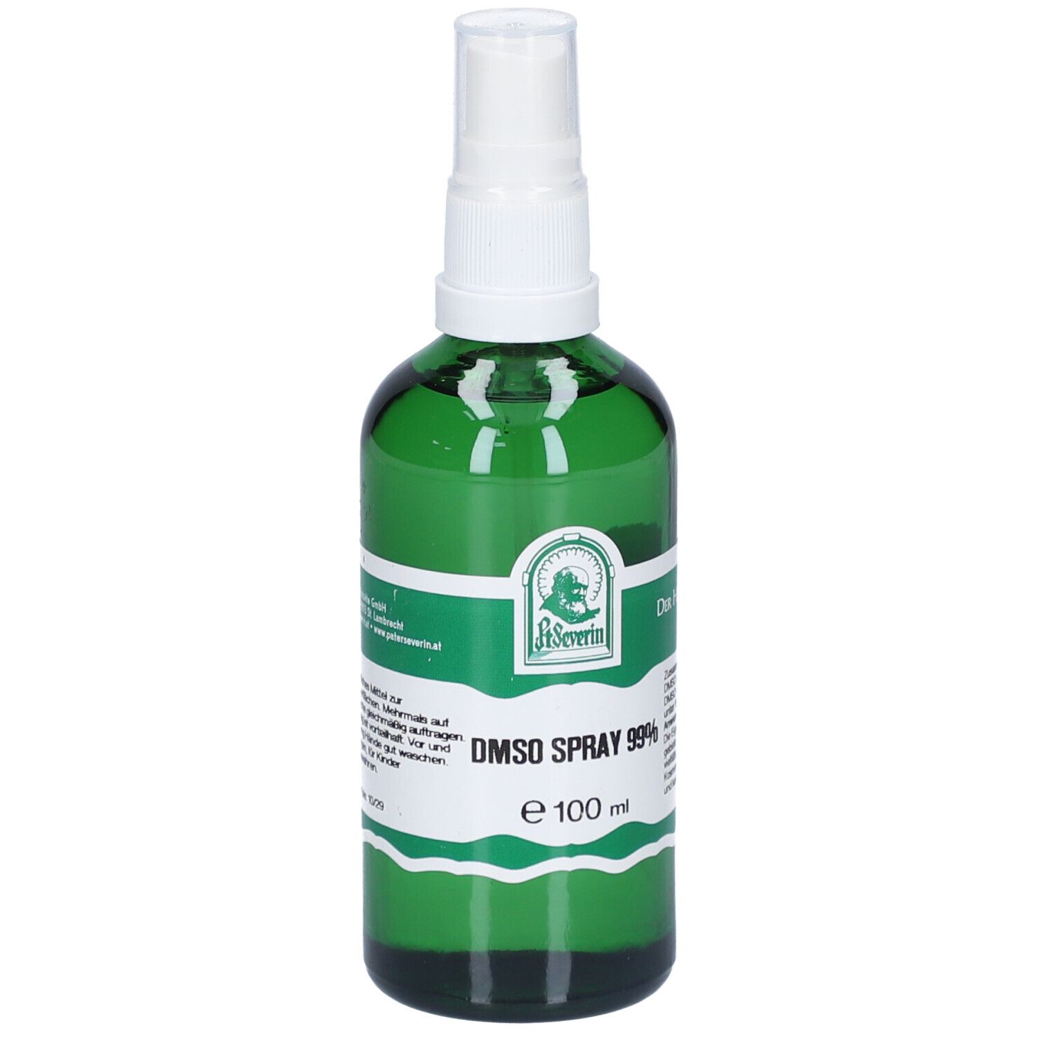 Grüne Glasflasche mit weißem Sprühkopf. Beschriftung: P. Severin, DMSO Spray 99%, e 100 ml.
