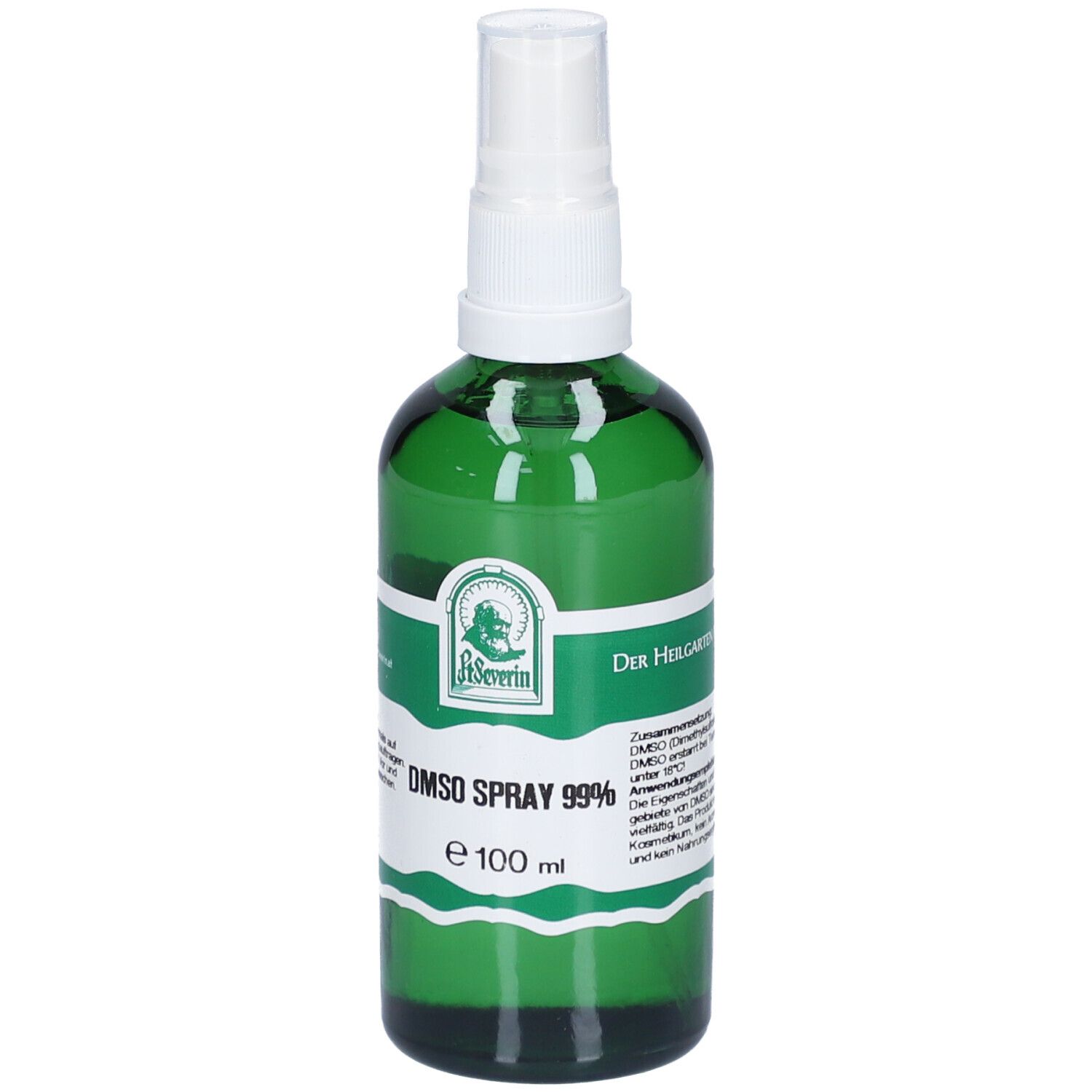 Grüne Glasflasche mit weißem Sprühkopf. Beschriftung: P. Severin, DMSO Spray 99%, e 100 ml. Text.
