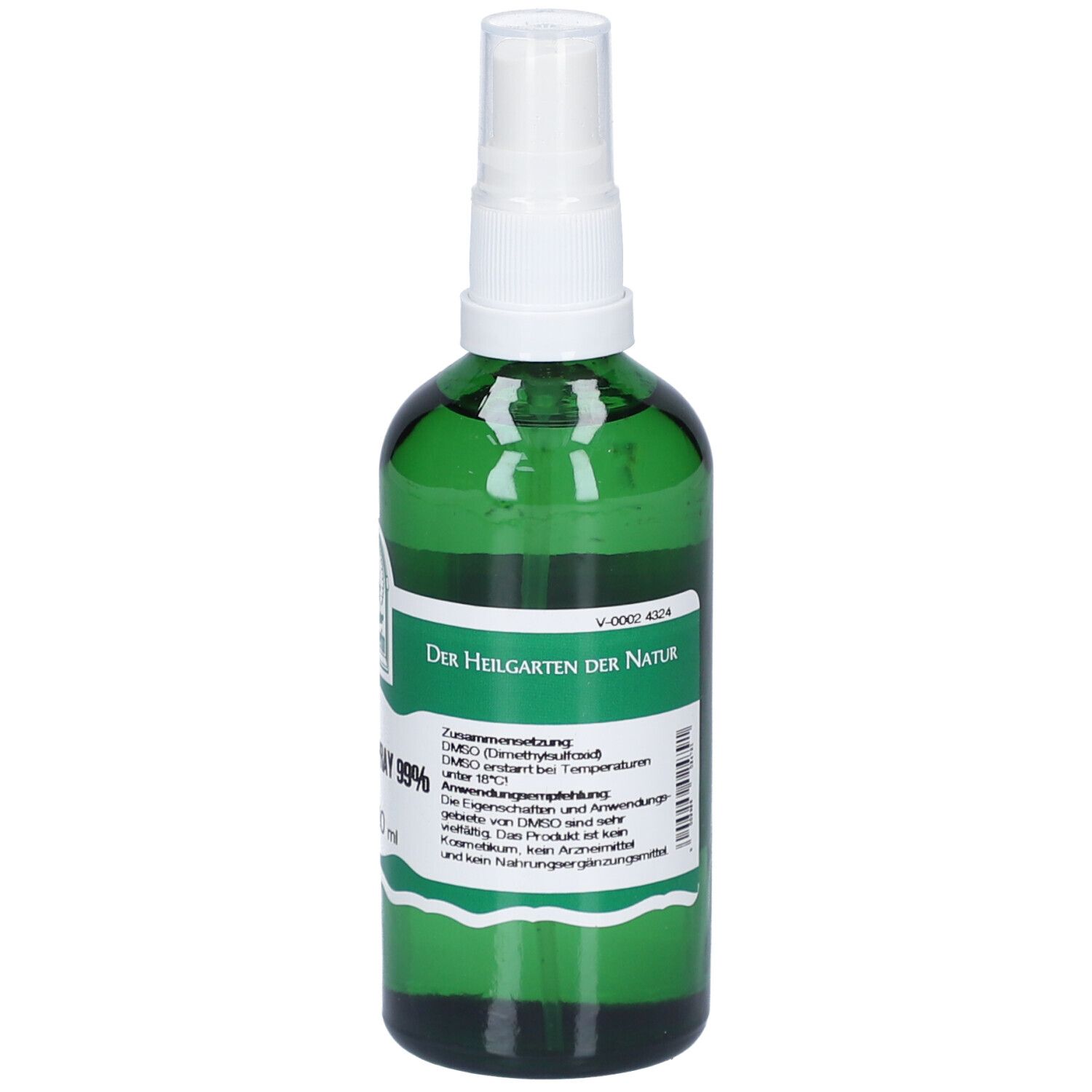 Grüne Glasflasche mit weißem Sprühkopf. Beschriftung: P. Severin, DMSO Spray 99%, e 100 ml. Text.