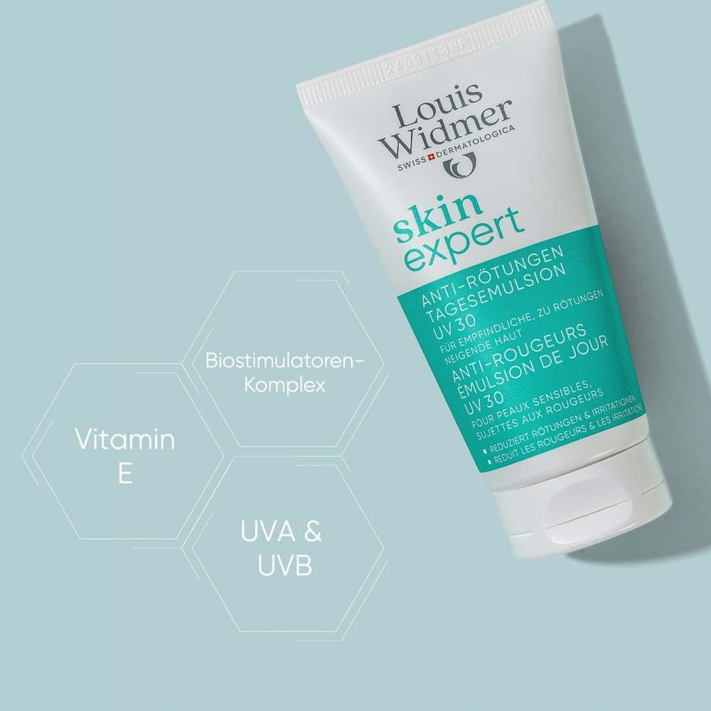 Tube skin expert Anti-Rötungen Tagesemulsion UV 30. Text: Vitamin E, UVA & UVB, Biostimulatoren-Komplex.
