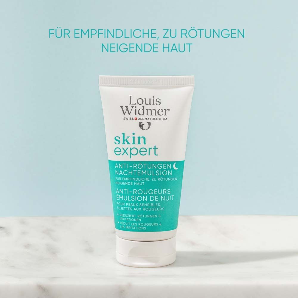 Weiße Tube mit grüner Schrift: Louis Widmer skin expert Anti-Rötungen Nachtemulsion. Mond-Symbol.