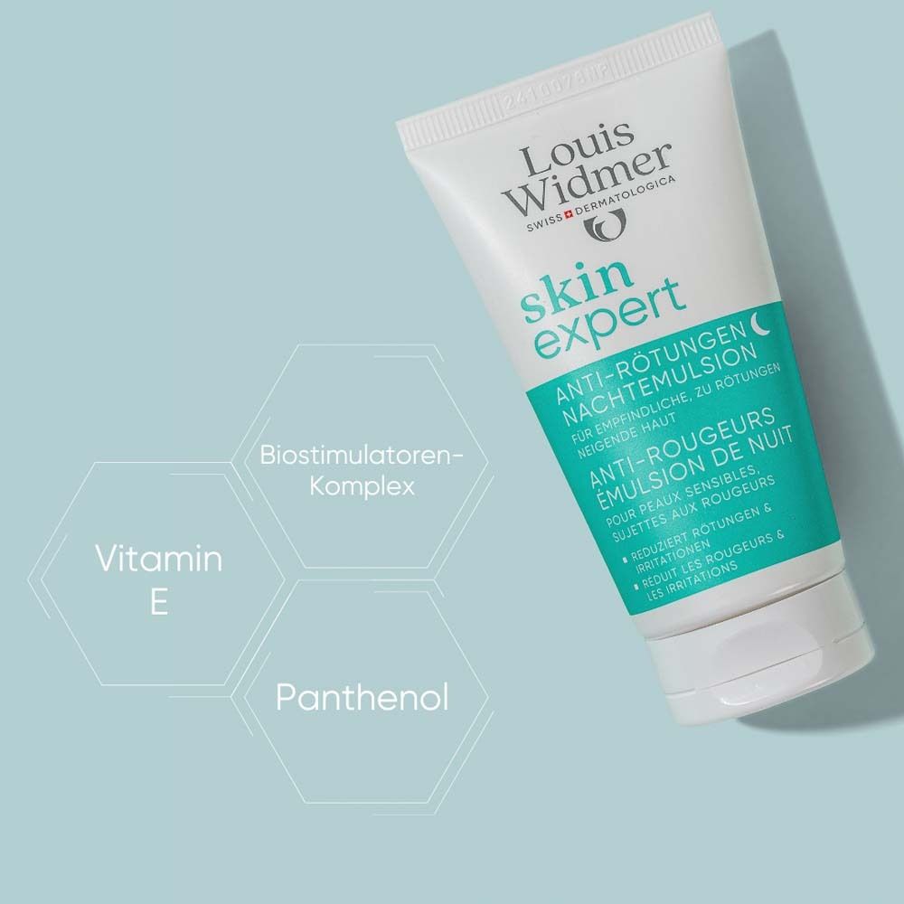Weiße Tube mit grüner Schrift: Louis Widmer skin expert Anti-Rötungen Nachtemulsion. Zusätze: Vitamin E, Panthenol.