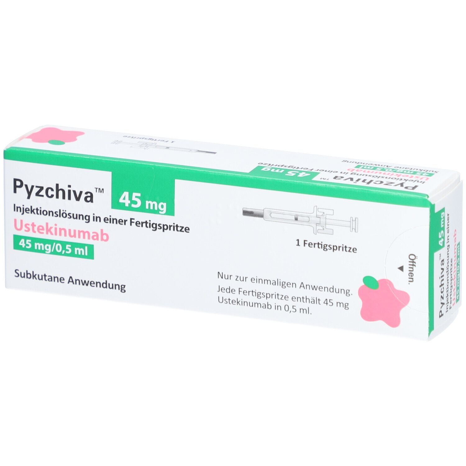 Weiße Schachtel mit grünen und rosa Akzenten. Beschriftung: PYZCHIVA 45 mg Injektionslösung, Fertigspritze, Ustekinumab.
