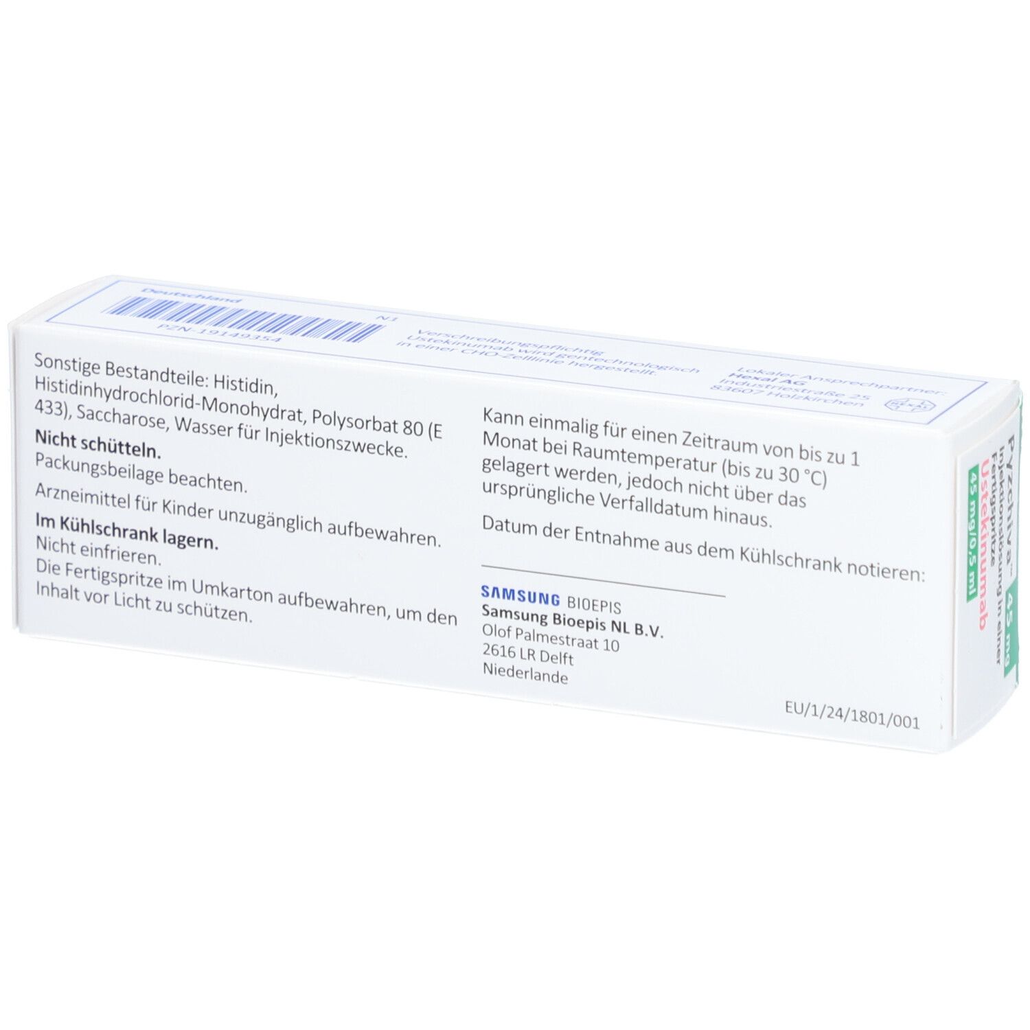 Rückseite einer weißen Schachtel. Text: Sonstige Bestandteile, Aufbewahrungshinweise, Herstelleradresse.