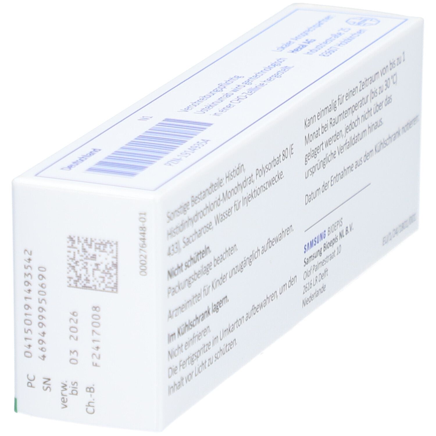 Schachtel, weiß mit Text. Rückseite mit Informationen zu Inhaltsstoffen, Lagerung und Hersteller.