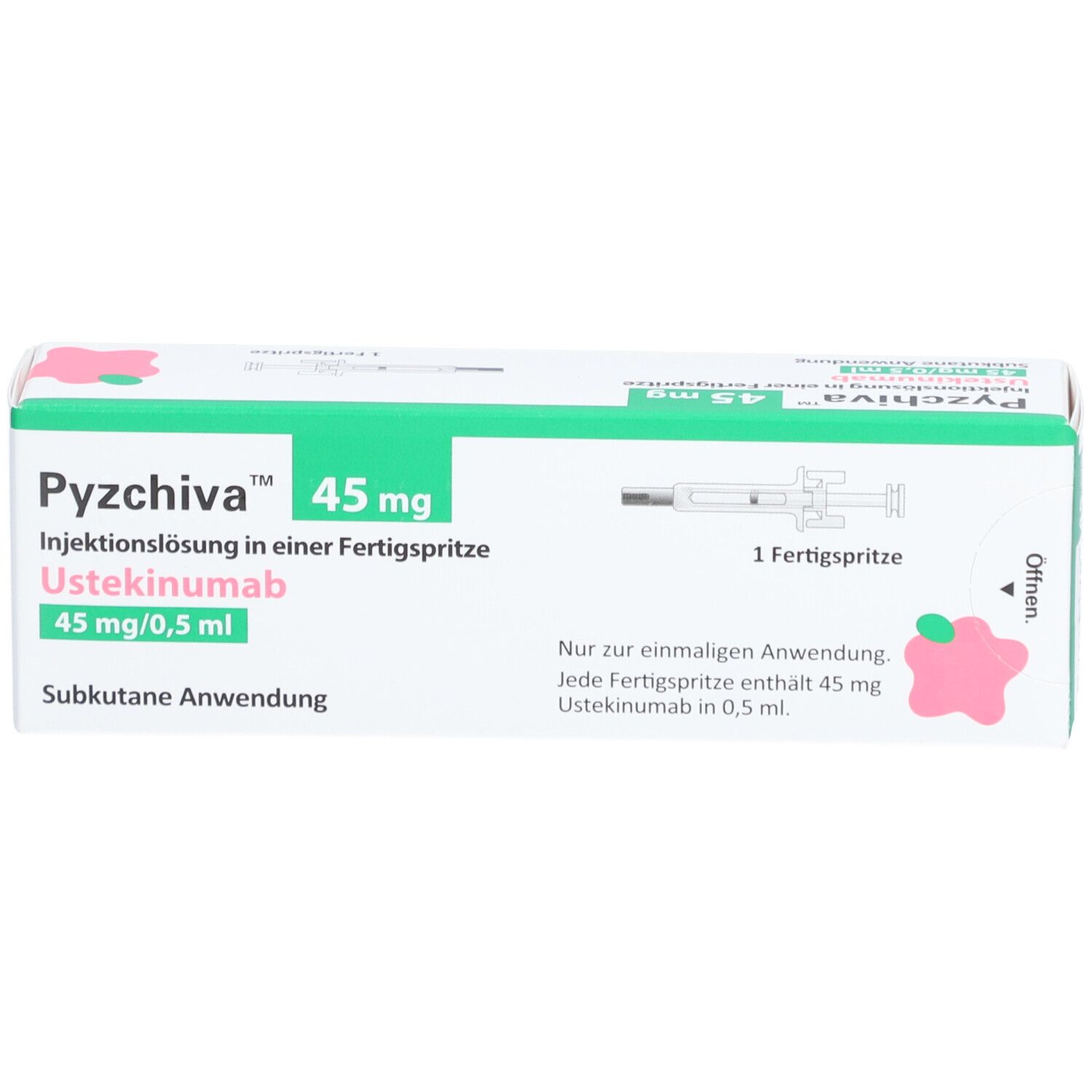 Weiße Schachtel mit grünen und rosa Akzenten. Beschriftung: PYZCHIVA 45 mg Injektionslösung, Fertigspritze, Ustekinumab.