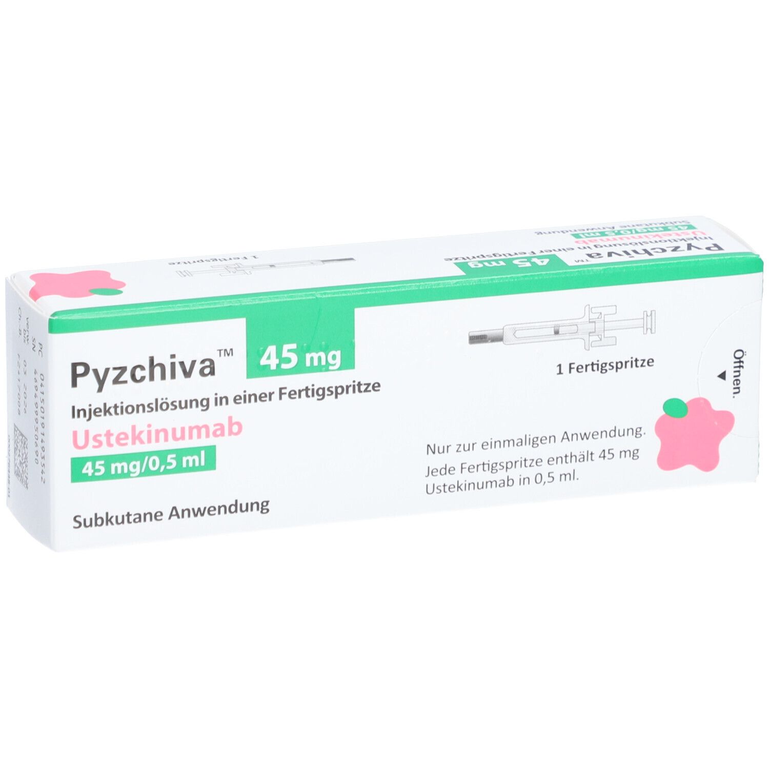 Weiße Schachtel mit grünen und rosa Akzenten. Beschriftung: PYZCHIVA 45 mg Injektionslösung, Fertigspritze, Ustekinumab.