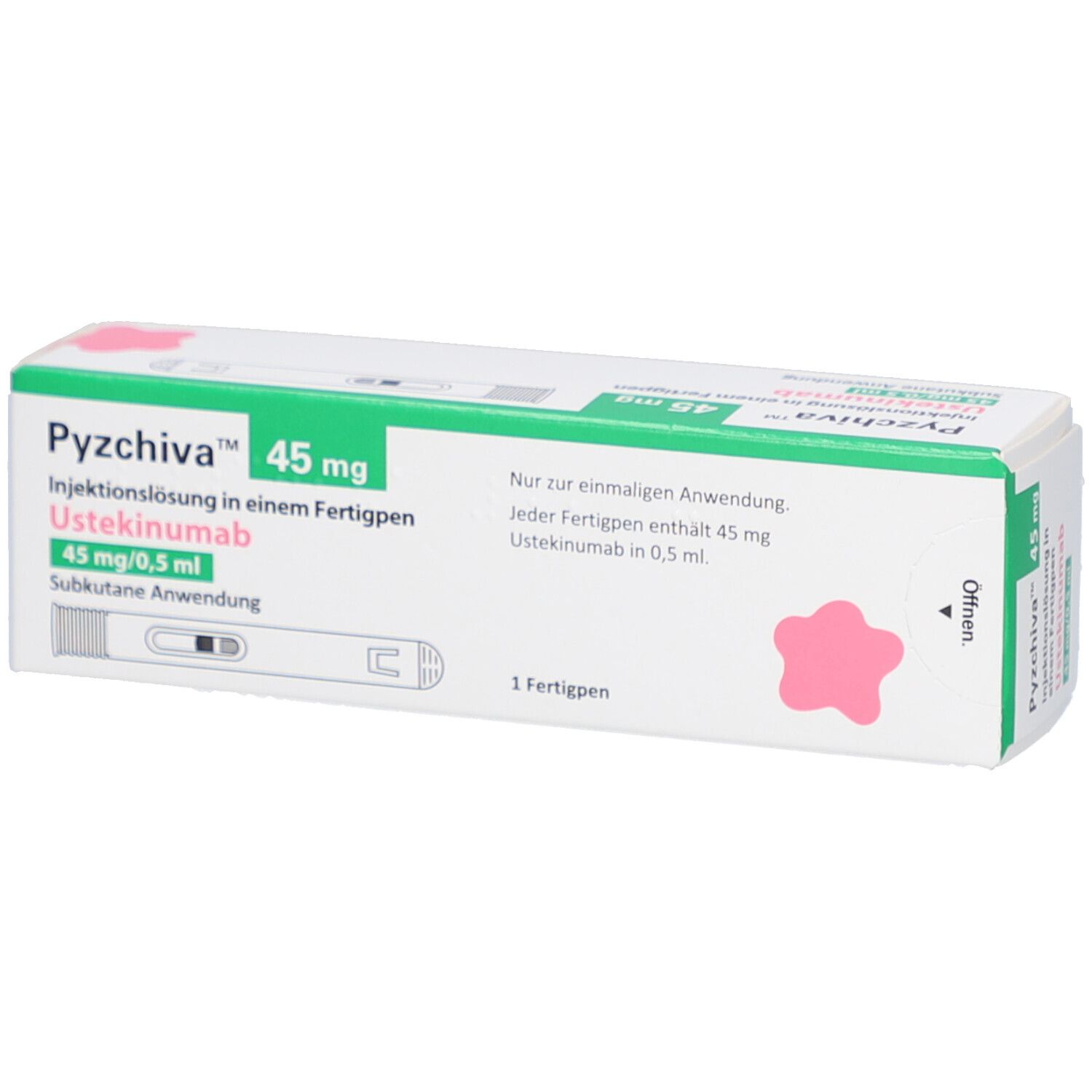 Verpackung von PYZCHIVA 45 mg Injektionslösung. Grün-weiße Schachtel mit Produktnamen und Dosierung. Fertigpen-Abbildung.